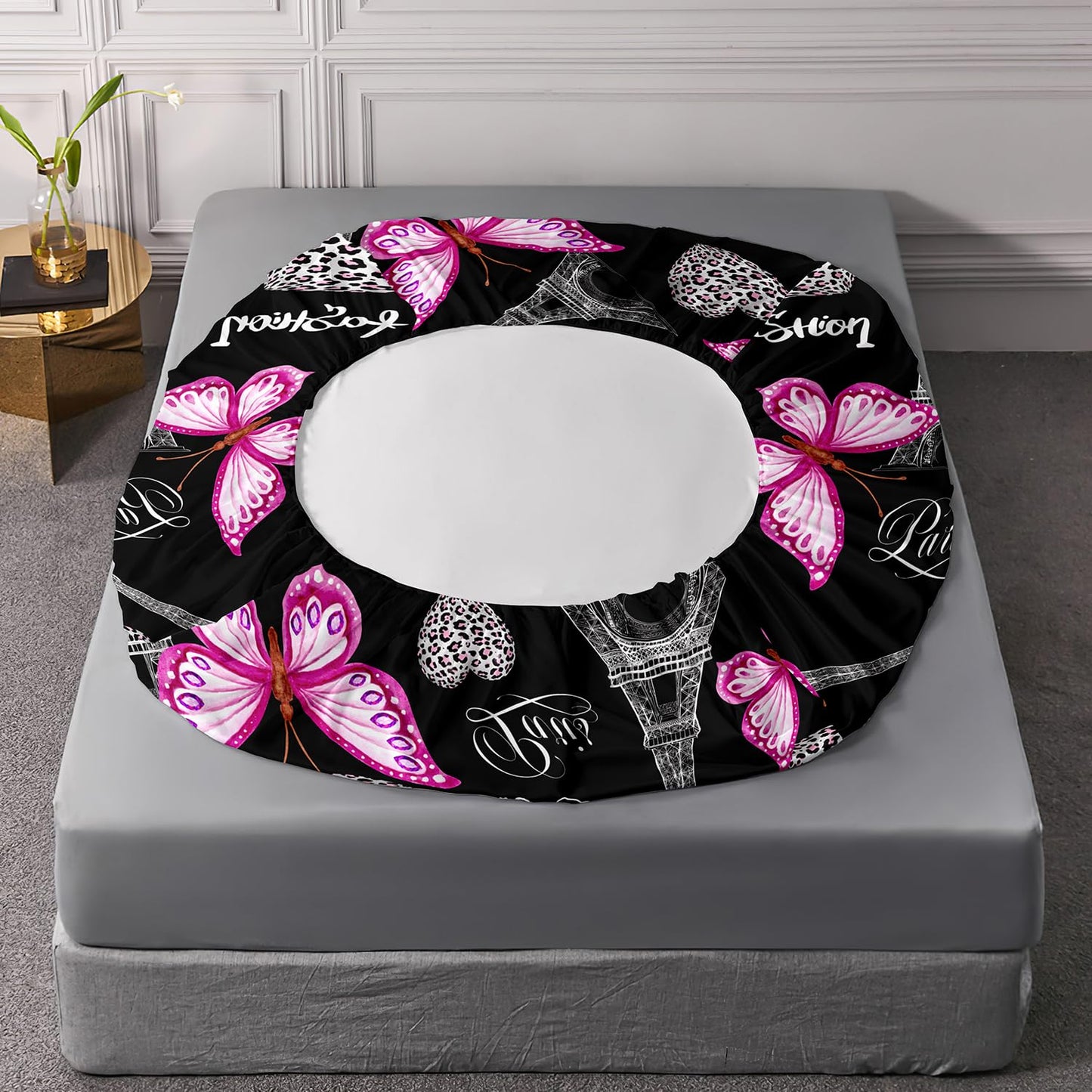 UEVBF Pink Butterfly Fitted Sheets Twin Bed Sets for Girls,Eiffel Tower Leopard Heart Pattern Bedding Sets with 2 Pillowcases,Women Girls Bedding Floral Fitted Sheet for Bedroom Paris Decor.