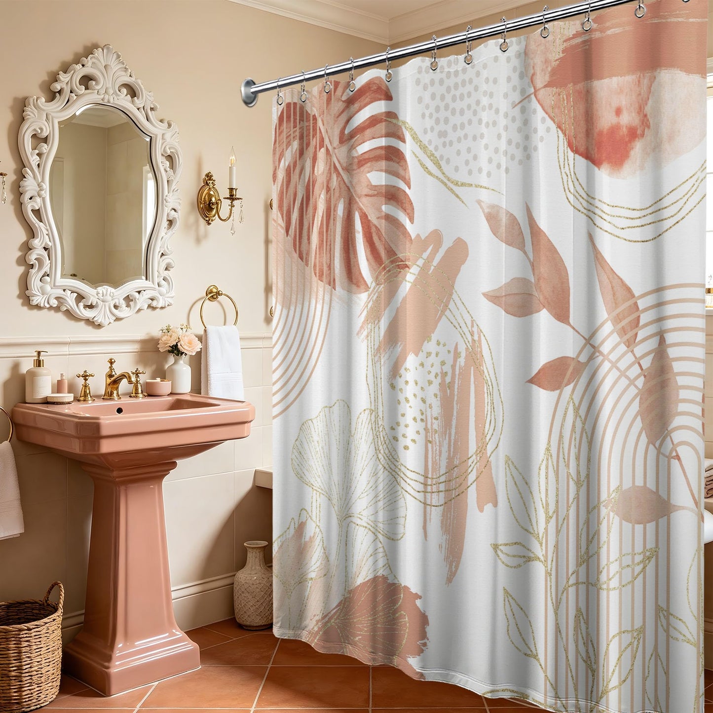soeeao Coral Pink Shower Curtain Cute Girly Salmon Peach Mid Century Modern Shower Curtains for Girls Bathroom Decor, Waterproof Cloth Fabric with Hooks, 70" W x 72" L