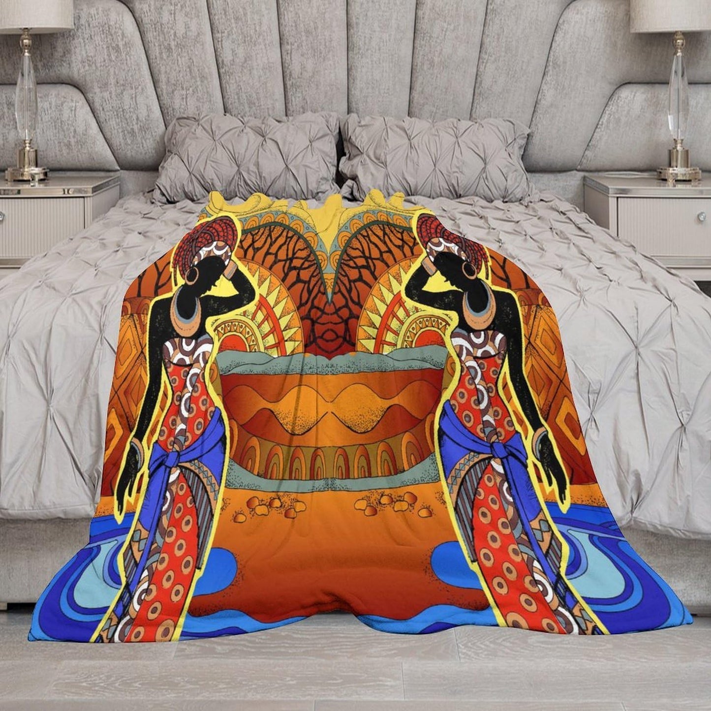ZhiRain African Women Throw Blanket Southern Landscape Hand Drawn Black Woman Tribal Ethnic Pattern Blanket for Sofa Bed Couch Chair Or Dorm 50"x60"