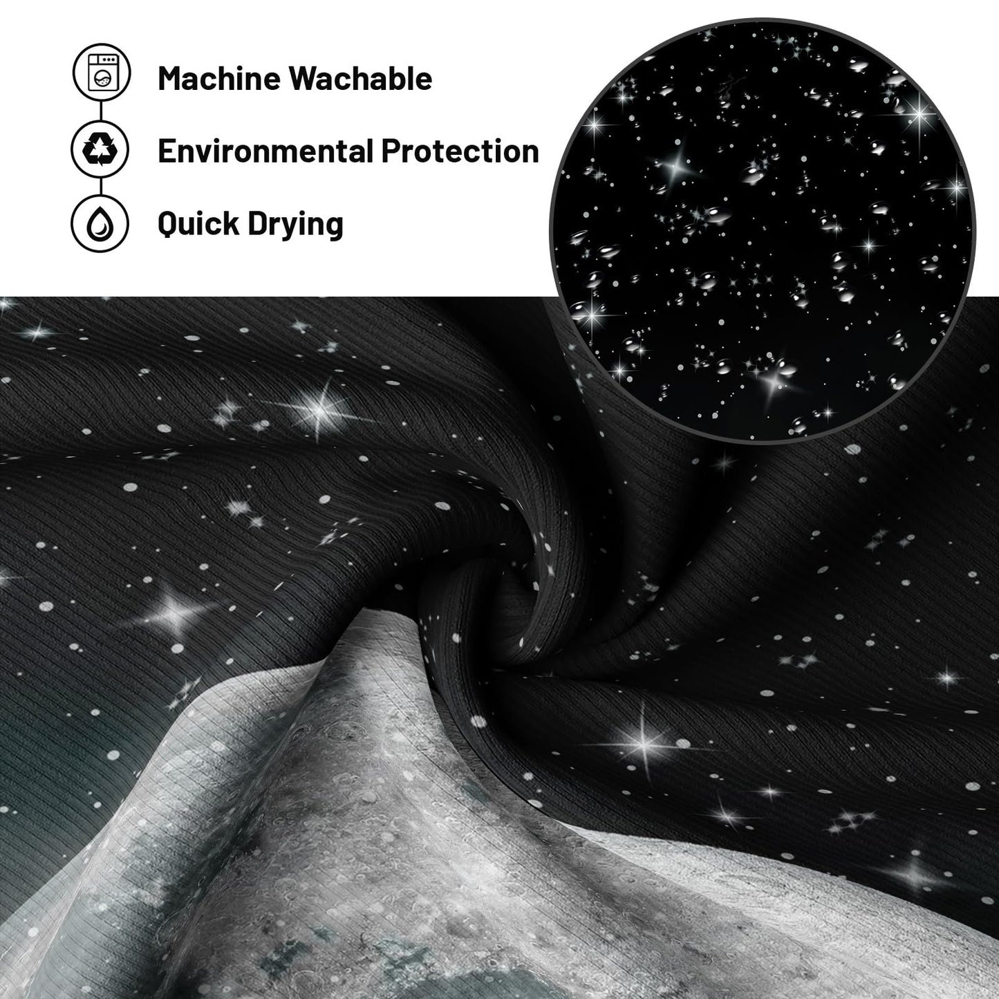 Tonmue Star Moon Shower Curtain Space Night Sky Galaxy Black and White Shower Curtains for Bathroom Decor, Waterproof Cloth Fabric with Hooks 70" W x 72" L