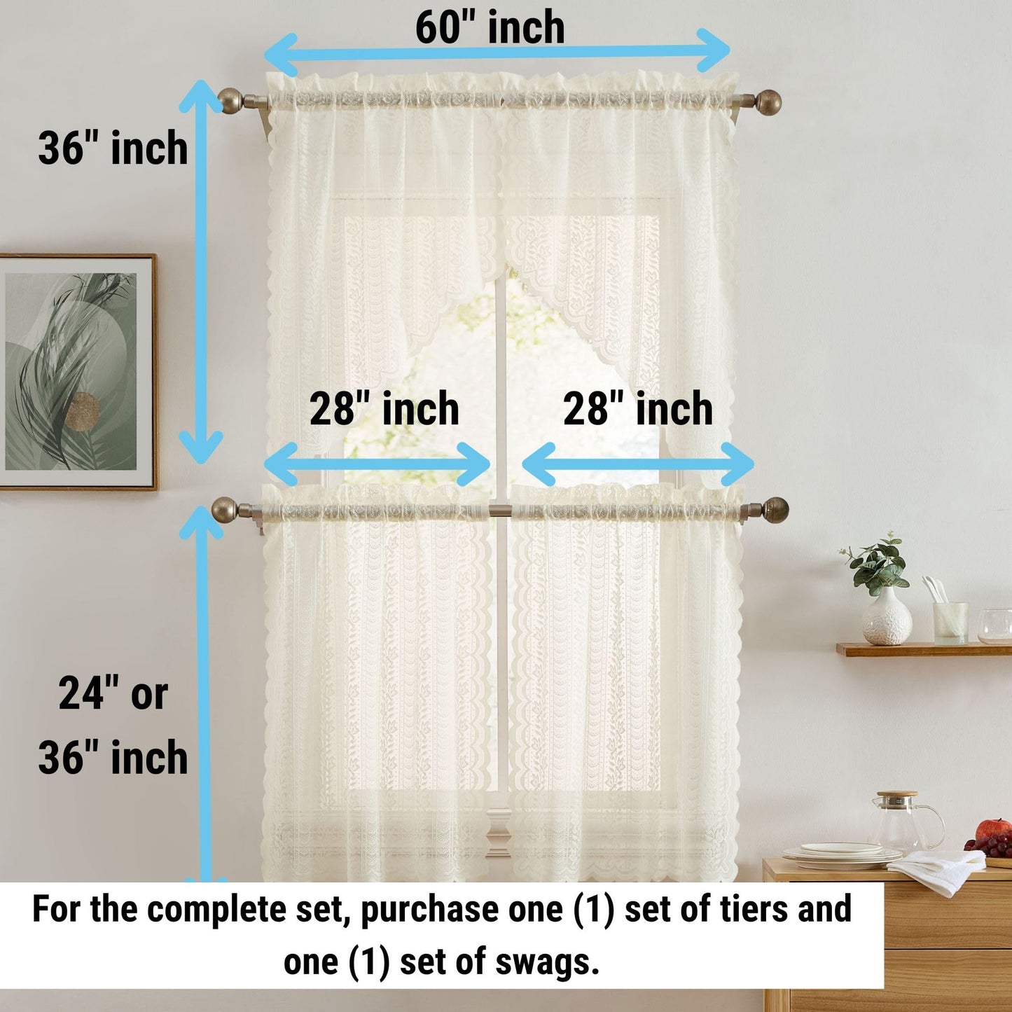 HLC.ME Sophia Floral Rod Pocket Lace Short Cafe Swags for Small Windows - 28 x 36 Inch Length (Ivory Swags, Set of 2)