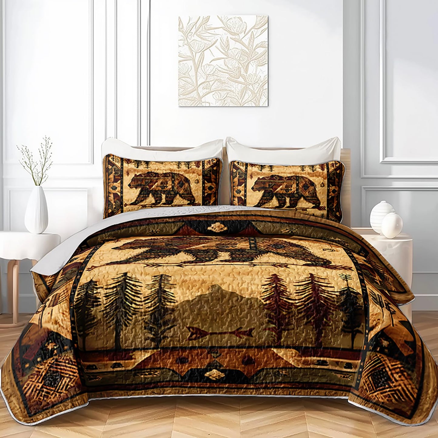 UEVBF Rustic Cabin Brown Bear Quilts Set Queen Size,3Pcs Retro Mountains and Arrows Bedspread for Hunting Themed Room Decor,Ethnic Country Style Bedding Sets with 2 Pillowcases.