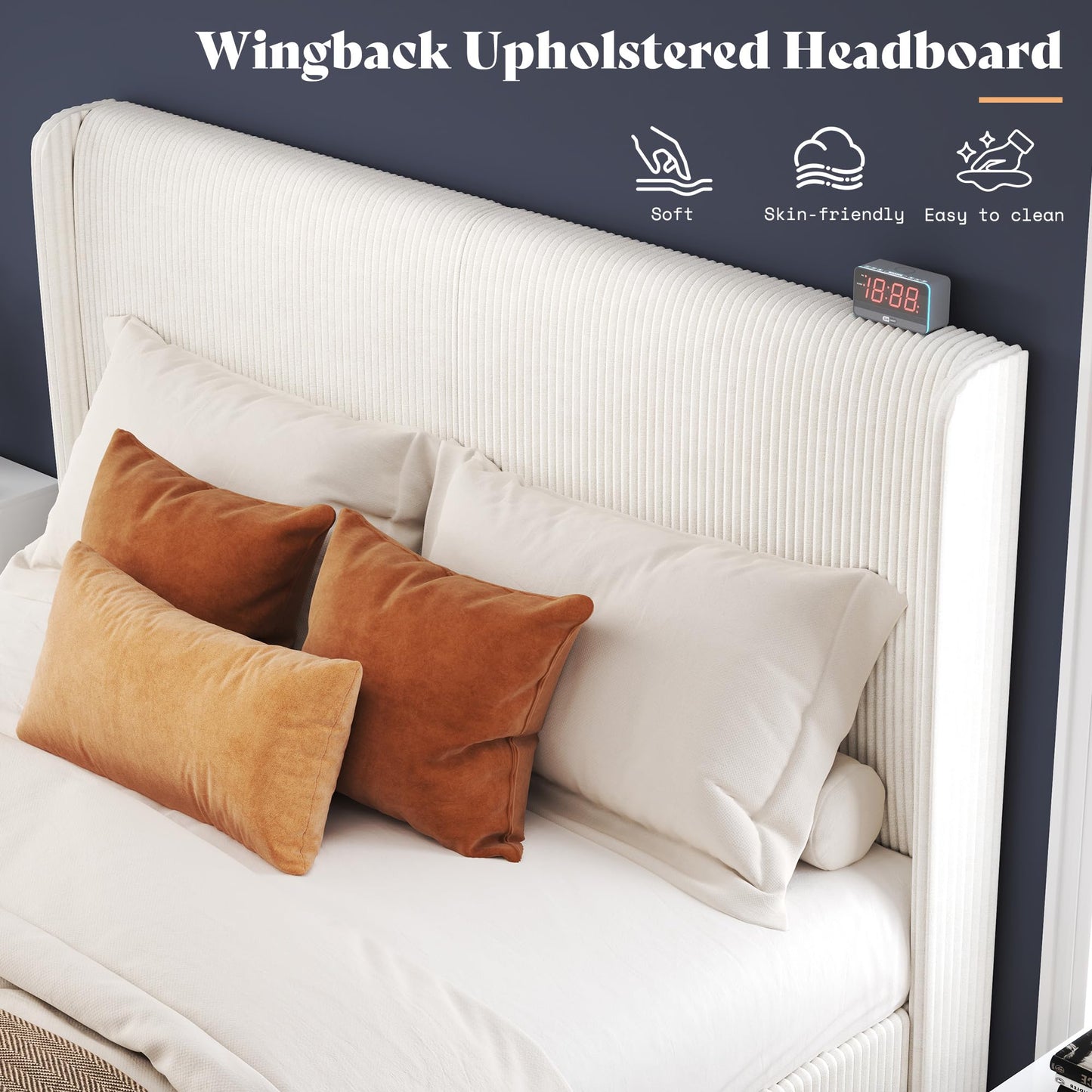 AMERLIFE King Bed Frame, Upholstered Platform Bed with Corduroy Headboard, Easy Assembly Modern White Bed Frame with Wooden Slats Support, No Box Spring Needed