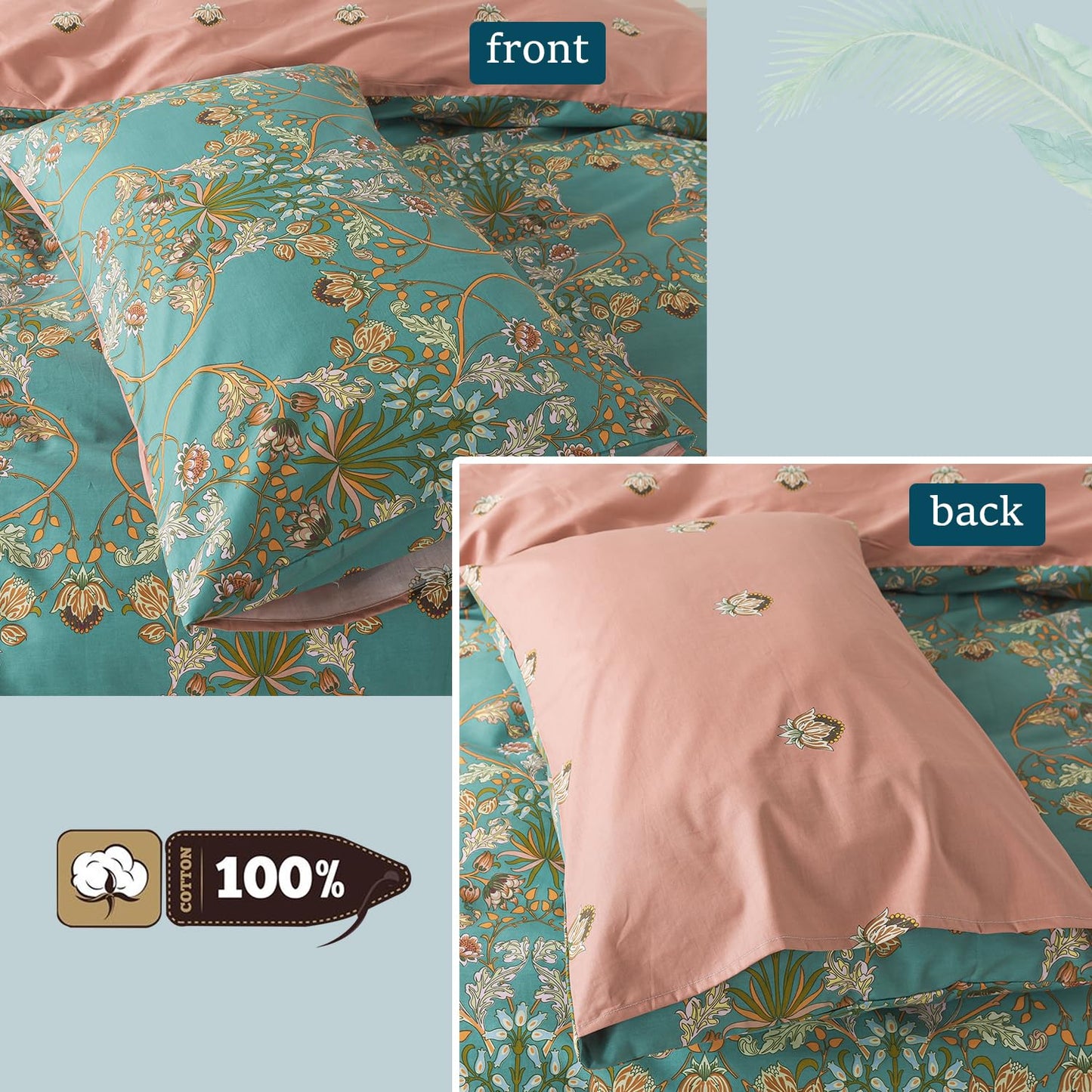 Zusbest Boho Duvet Cover Set Queen Size 100% Cotton Floral Bohemian Comforter Cover Teal Green Printed Reversible Orange Bedding Luxury Crisp Soft French Country Bedding 3Pcs, Queen
