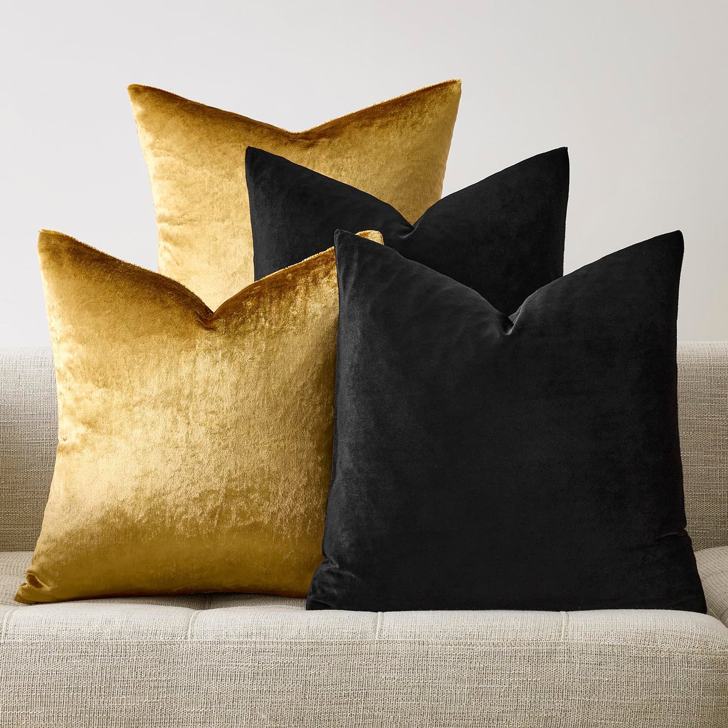 GIGIZAZA Decorative Throw Pillow Covers 18 x 18,Gold Black Soft, Set of 4 Square Velvet Cushion Covers