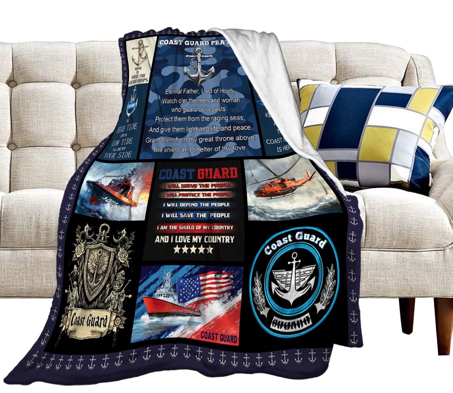 Coast Guard Blanket Soft Fuzzy Fleece Navy Coastal Anchor Blankets Decor Cozy Warm Plush Flannel Blanket Gifts for Men Women Boys Girls Home Chair Sofa Couch Bed 50"X40"