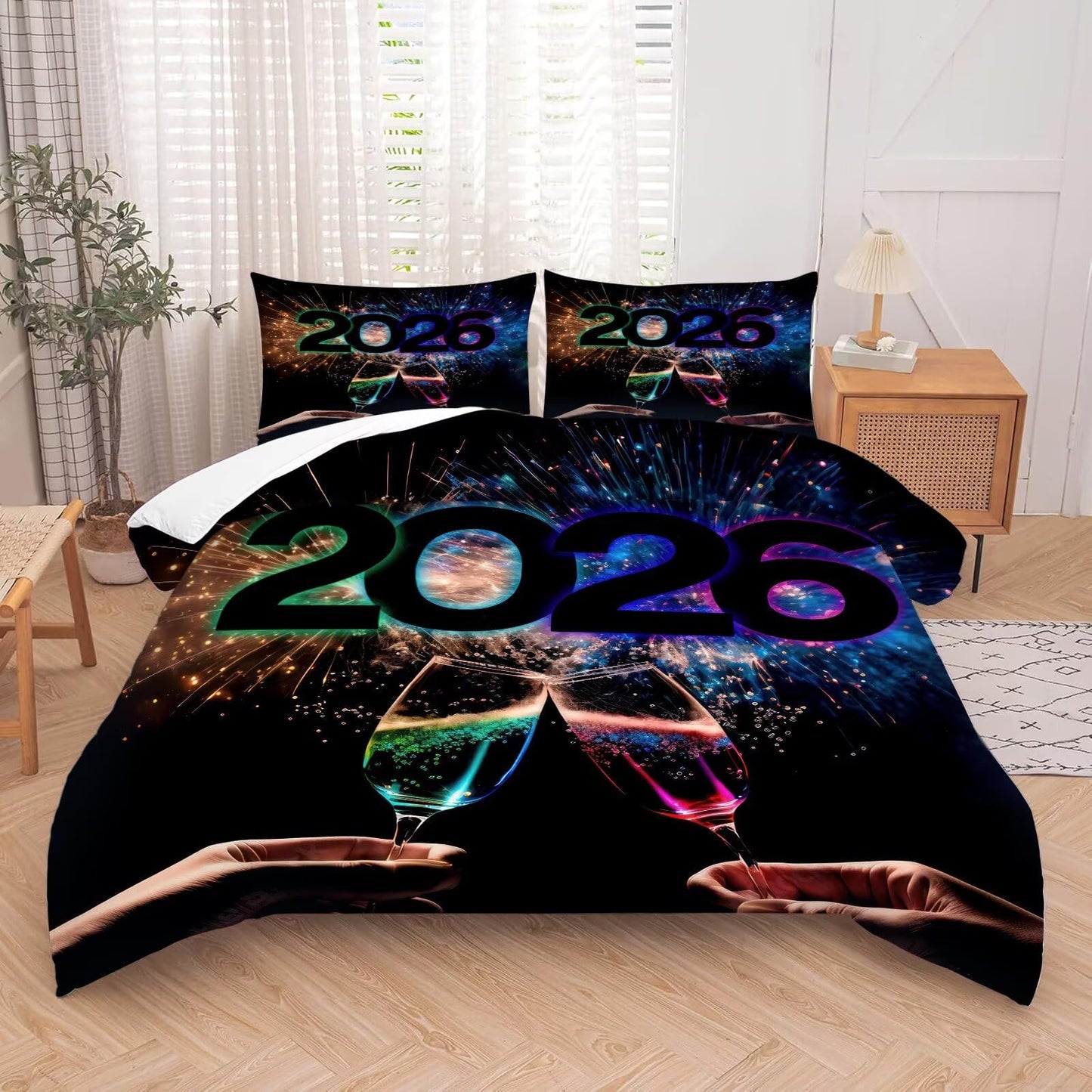 kxry Happy 2026 Year Bedding Sets Celebrate Champagne Comforter Set 3 Pieces of Machine Washable Soft Quilt for Kids Teen Girls King Size