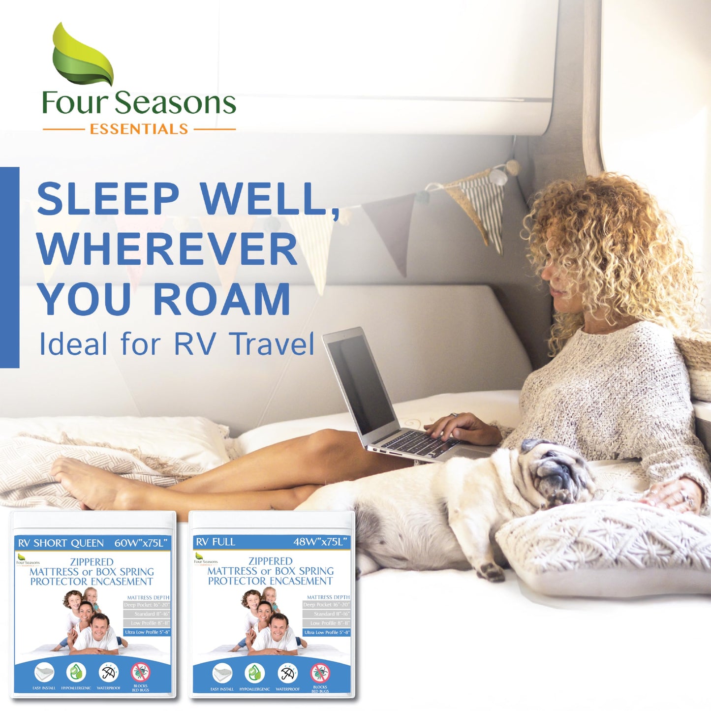 RV Short Queen Size Mattress or Box Spring Encasement (5" to 8" Depth) - Waterproof Zippered Protector Hypoallergenic Premium Bed Cover Protects from Dust Allergens