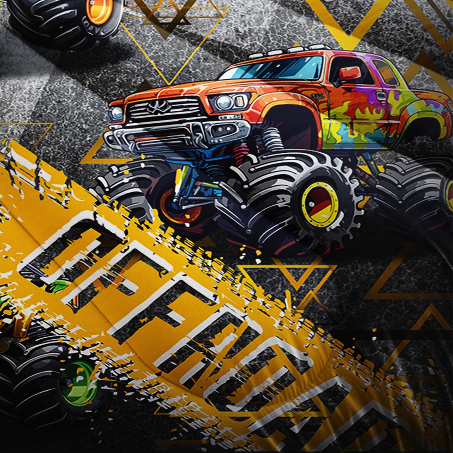 lneffble Full Size Monster Truck Comforter Sets for Boys，Monster Truck Full Size Bedding Sets Boys，with 1 Comforter with 2 Pillow Case，Kids Monster Truck Themed Bedroom Decor