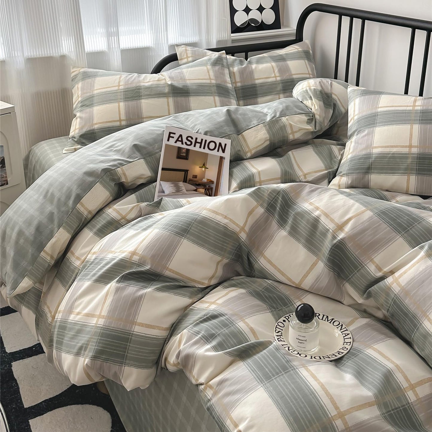 VM VOUGEMARKET Green Plaid Duvet Cover Sets Queen,3 Pieces Gingham Comforter Cover with Zipper Closure & Corner Ties for Men Boys Simple Modern Bedding Set (90"x90")