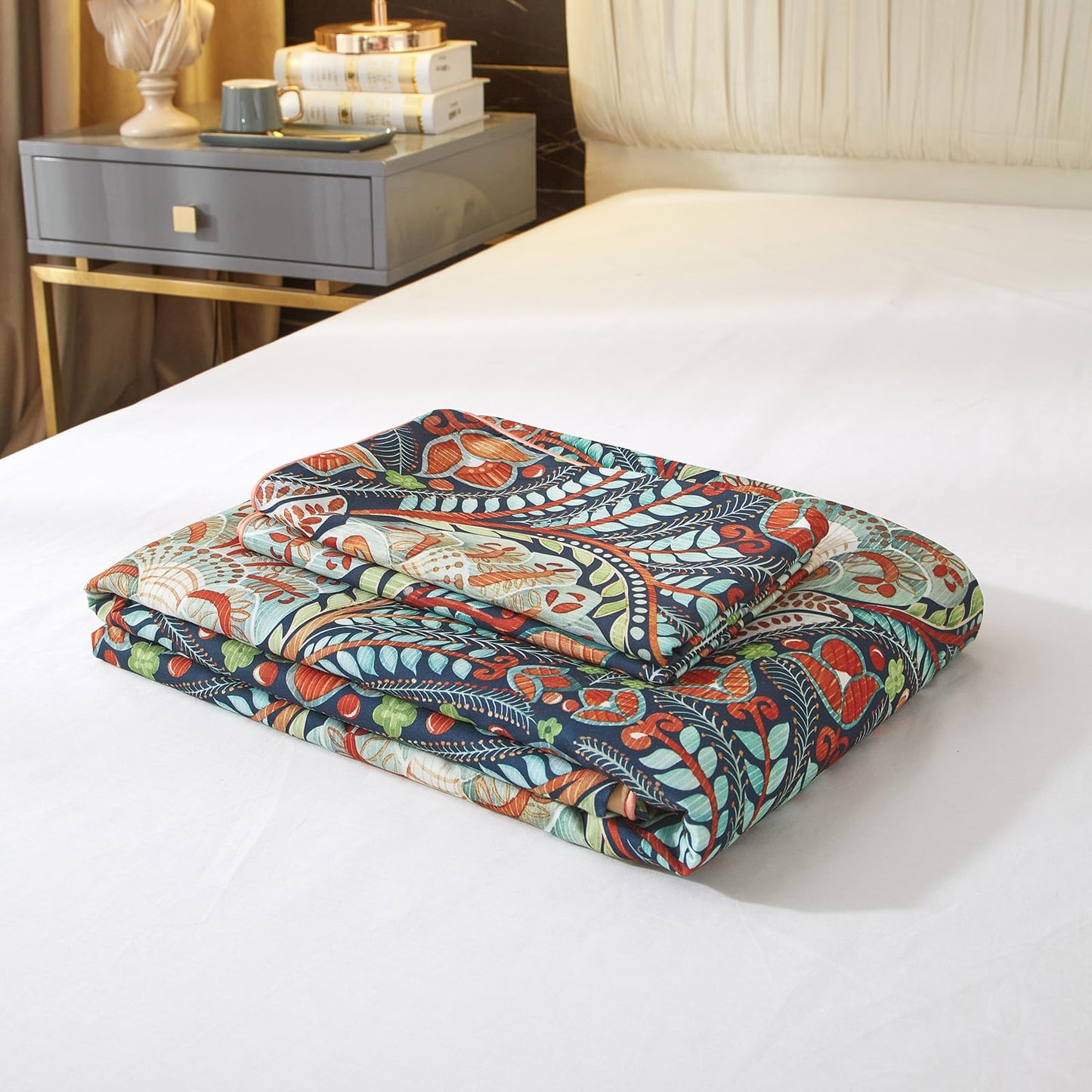 VM VOUGEMARKET Boho Duvet Cover Queen,Paisley Flower Printed Long Staple Cotton Duvet Cover with 2 Pillowcases,Retro Damask Medallion Bedding Set-3 Pieces 90"x90"