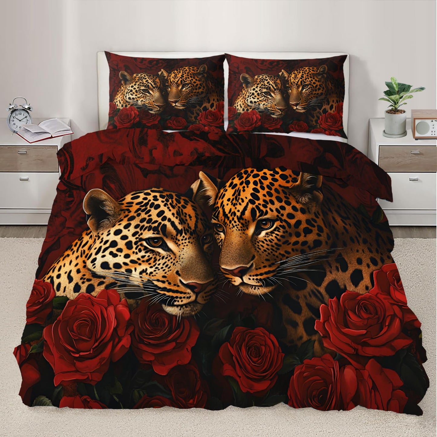 PAISUOQ Leopard Duvet Cover Full, Romantic Roses Bedding, Cheetahs Comforter Cover with 2 Pillow Cases, 3 Pieces with Zipper & Ties, Bedroom Decor & Gifts