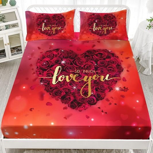 AILONEN Red Rose Fitted Sheet Set Queen Size, 3D Red Flowers Bed Sheet Set,Rose Hearts Sheet Sets,Valentine Glitter Fantasy Hearts Sheet 3 Pieces, 1 Fitted Sheet and 2 Pillowcases