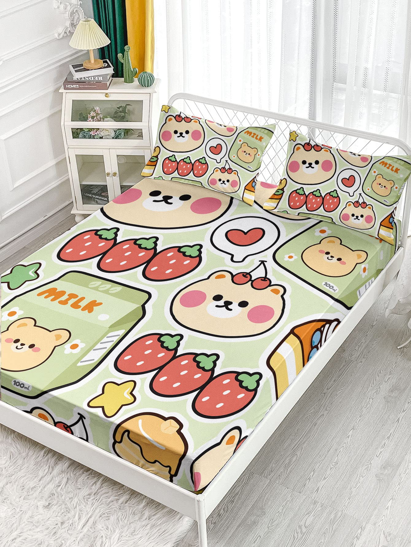 Datura home Kawaii Sheet Set 4Pcs Fitted and Flat Girls Strawberry Bear Printed with 1 + 2 Pillowcases(Kawaii Full), Full 81x97 inches