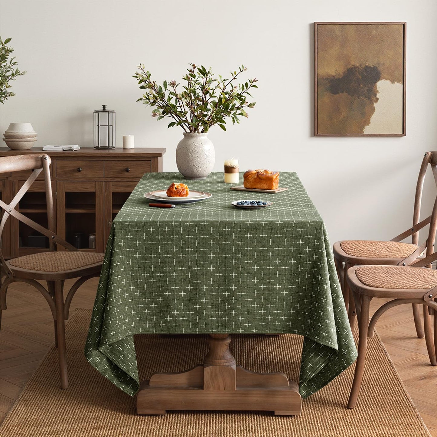 MIULEE Olive Green Linen Table Cloth Rectangle Tablecloth Waterproof Spring Spillproof Cross-Star Textured Table Cloth, Decorative Rustic Farmhouse Style for Dining/Party/Buffet/Wedding,60x84 Inch