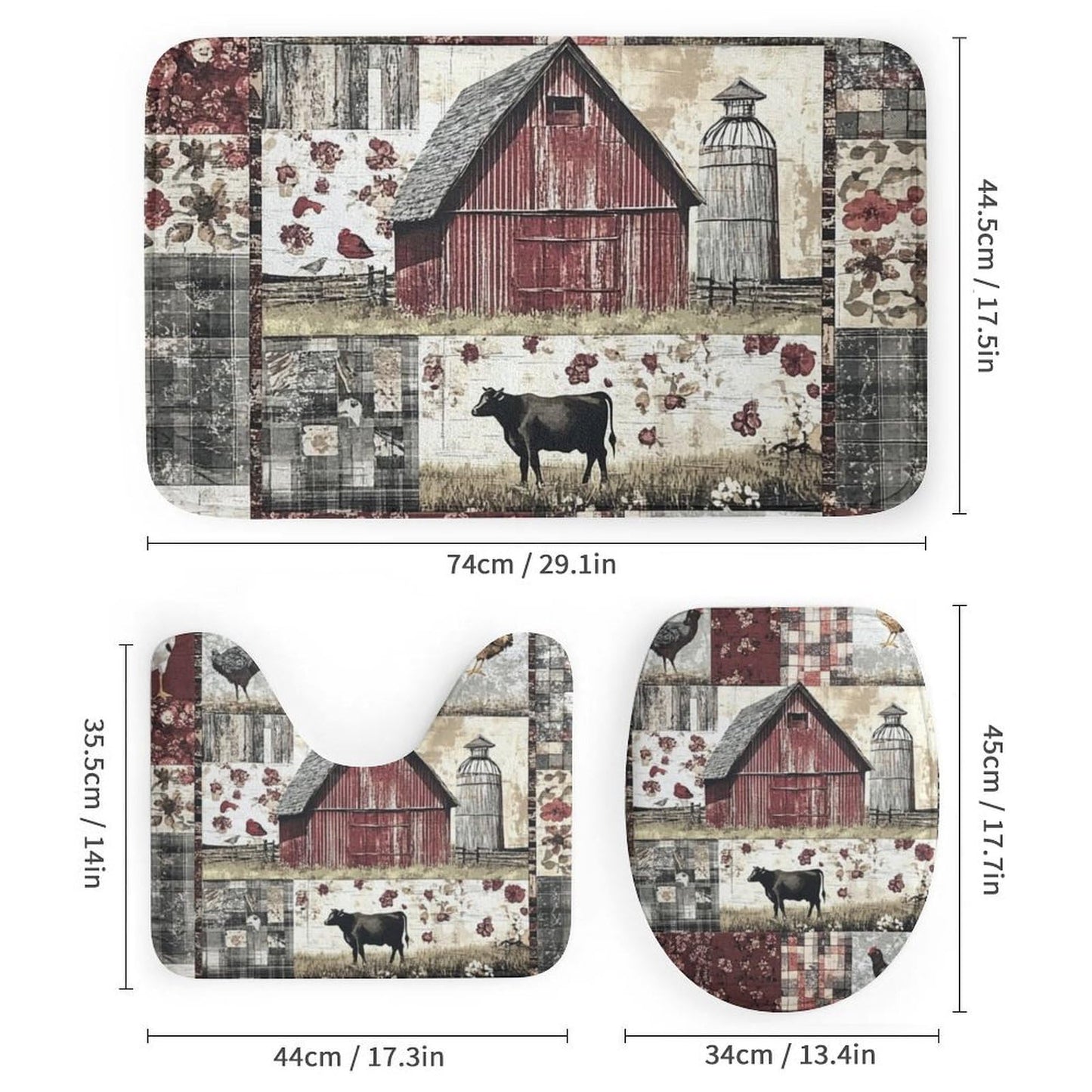 HDESDIS 4Pcs Barn Cabin Patchwork Shower Curtain Sets with Rugs, Toilet Lid Cover and Bath Mat, Farm Cow Chicken Rustic Bathroom Shower Curtains Set with 12 Hooks