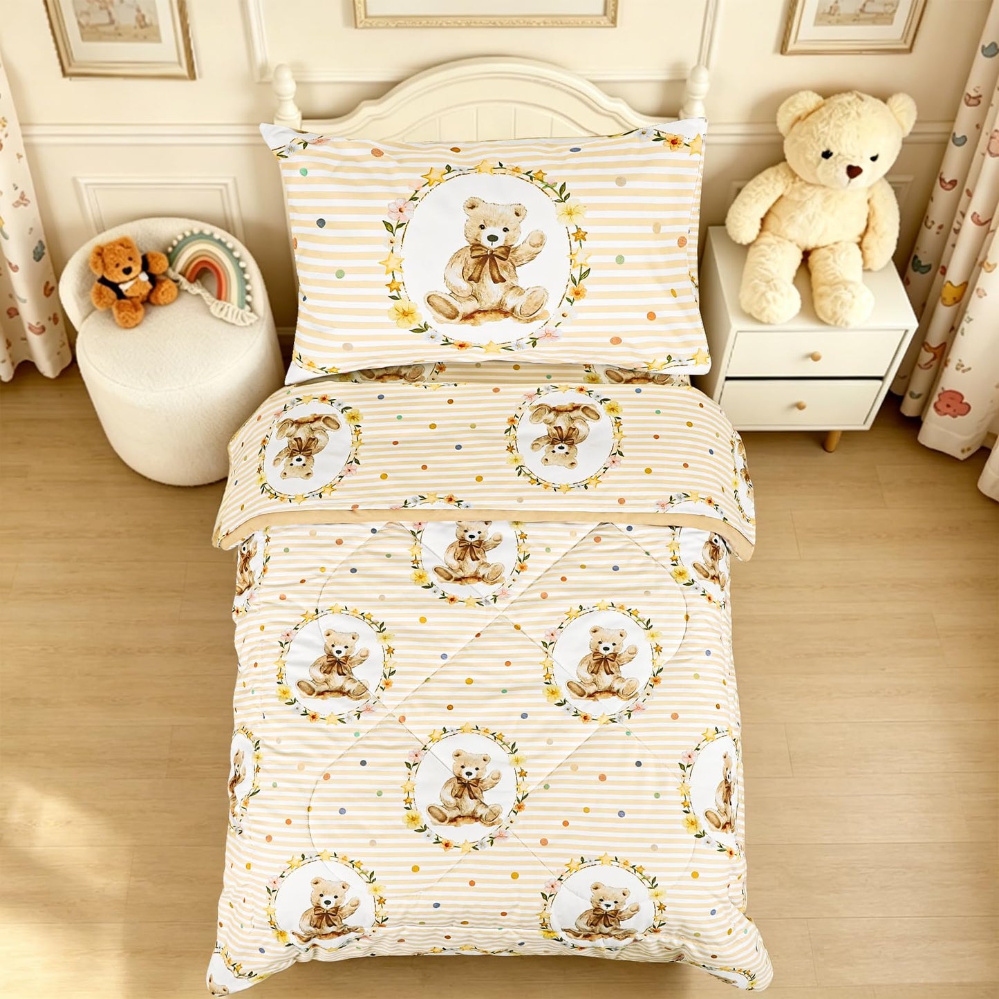Hooyax Toddler Bedding Set 4-Piece with Polka Dot Bear Pattern – Cute Toddler Comforter Set for Girl – Includes Ultra-Soft Comforter, Fitted Sheet, Flat Sheet & Pillowcase for All Season