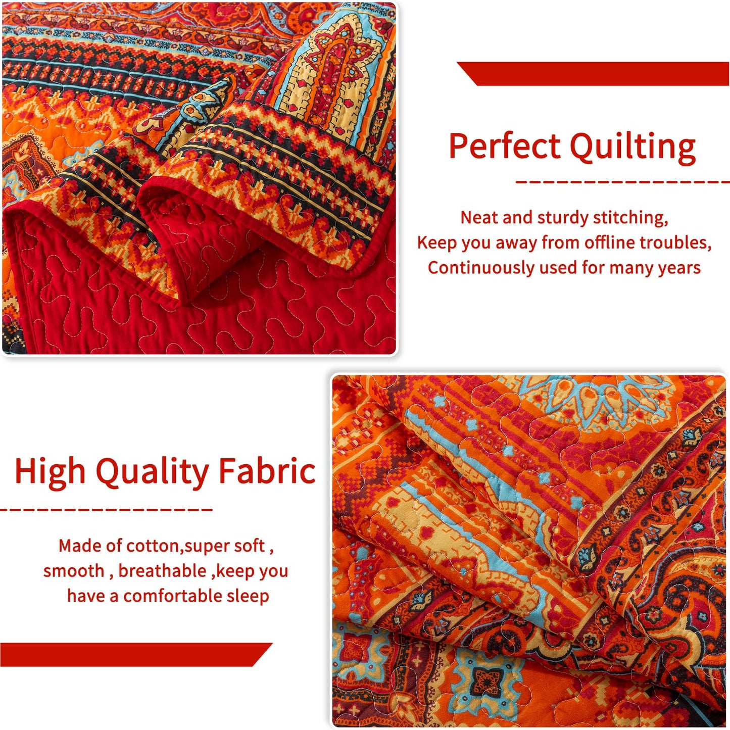TWINRUN Cotton Quilt Queen, 3 Piece Boho Bedspread Queen Size(90 x 98 Inch)， Lightweight Vibrant Orange Red Bohemian Stripes Bedspread, Cotton Coverlet for All Seasons