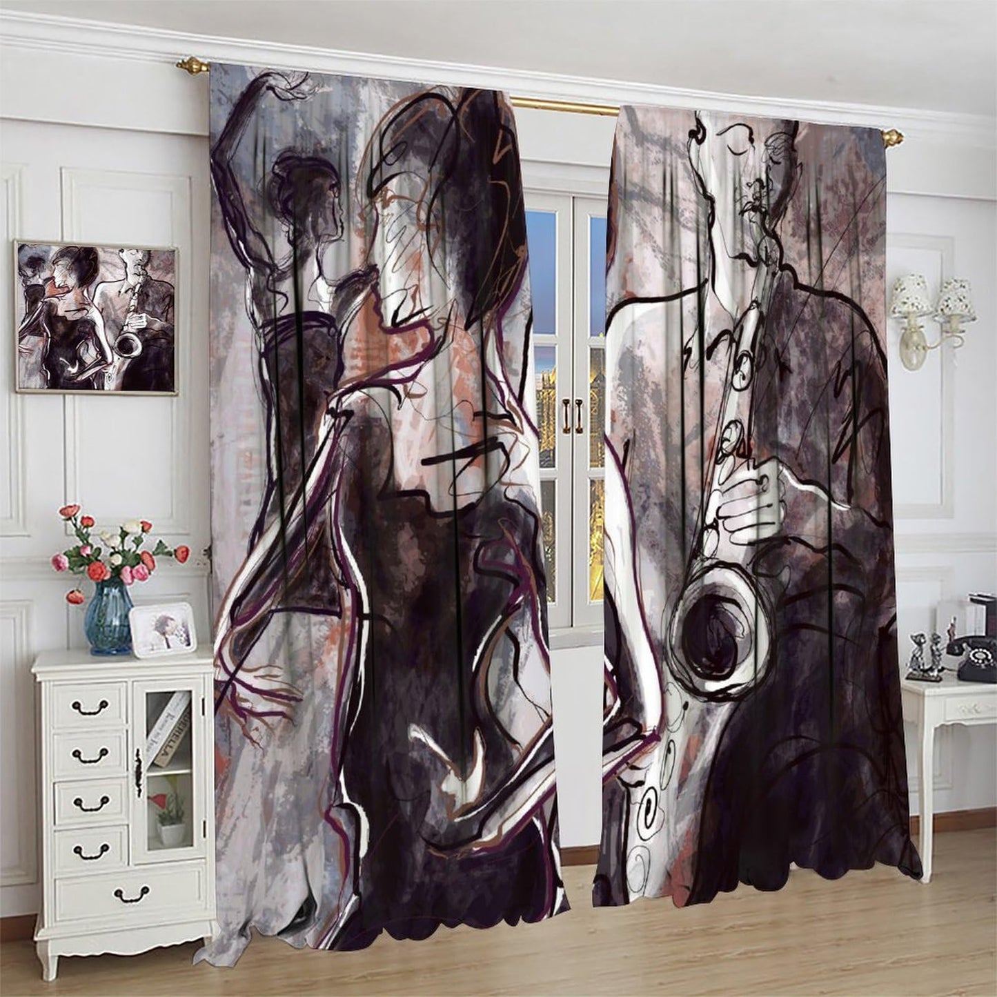 Abstract Black Woman Curtains, Modern Urban Art Hand Drawn Grey Brown Line Graffiti Musician Dancer Window Treatments, Blackout Rod Pocket Drapes For Living Room Bedroom Bathroom (21x45in)x2 Panels