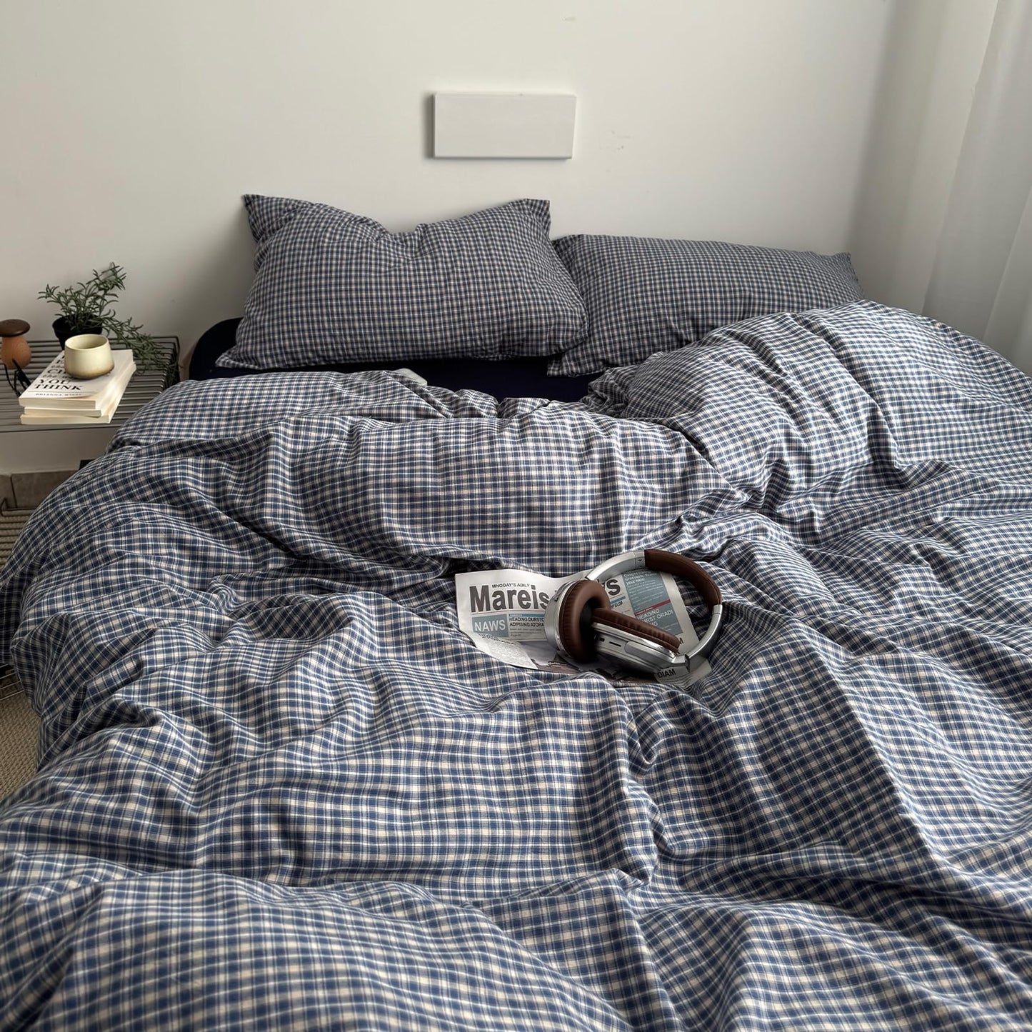 VM VOUGEMARKET Demin Blue Gingham Duvet Cover Queen 3 Pieces Neutral Plaid Grid Duvet Cover 100% Washed Cotton Comforter Cover with 2 Pillowcases Farmhouse Checkered Bedding Set