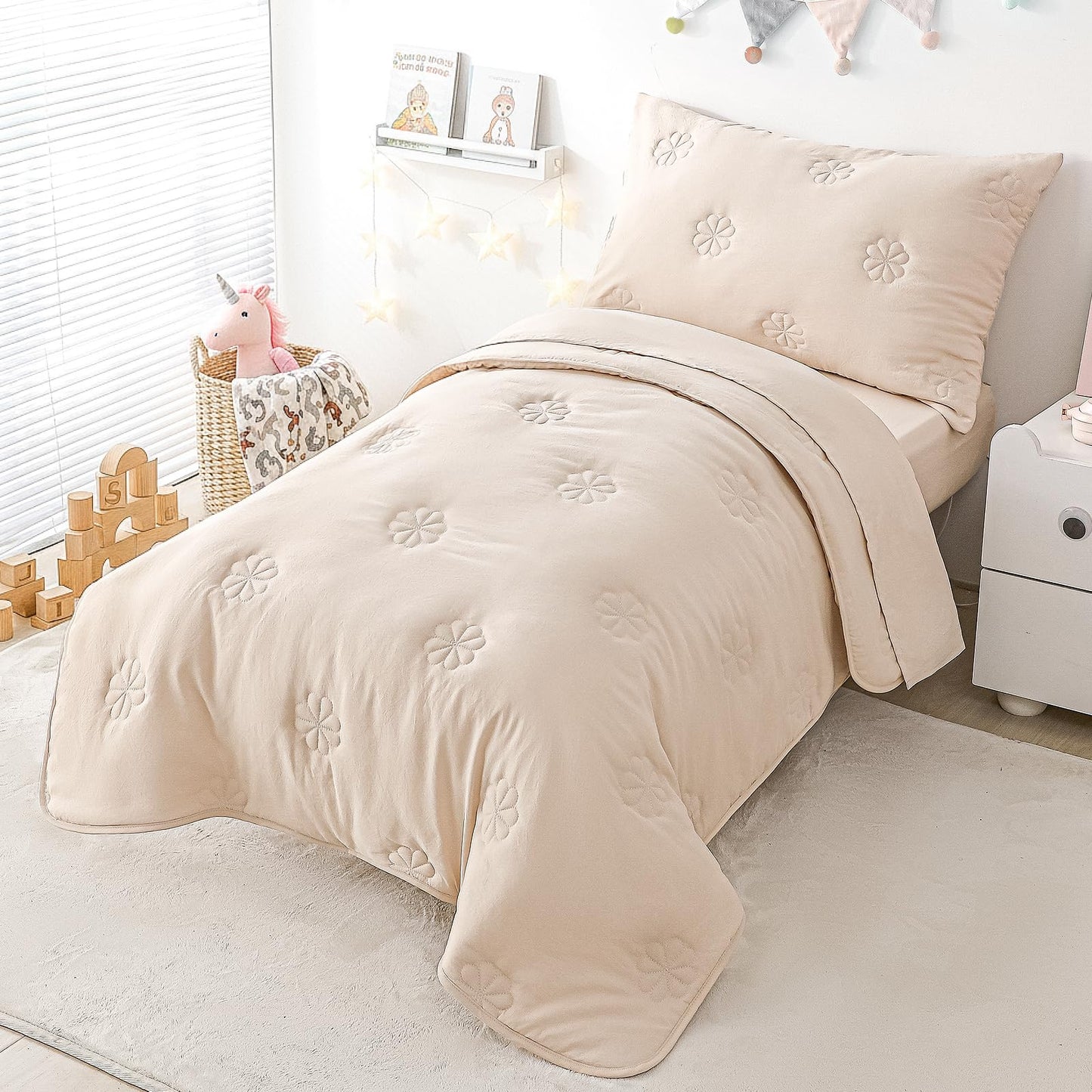 DreLunis 4-Piece Toddler Bedding Sets for Girls Boys, Soft Microfiber Floral Embroidery Toddler Bed Comforter Bed-in-a-Bag Includes Comforter, Flat Sheet, Fitted Sheet, Envelope Pillowcase, Beige