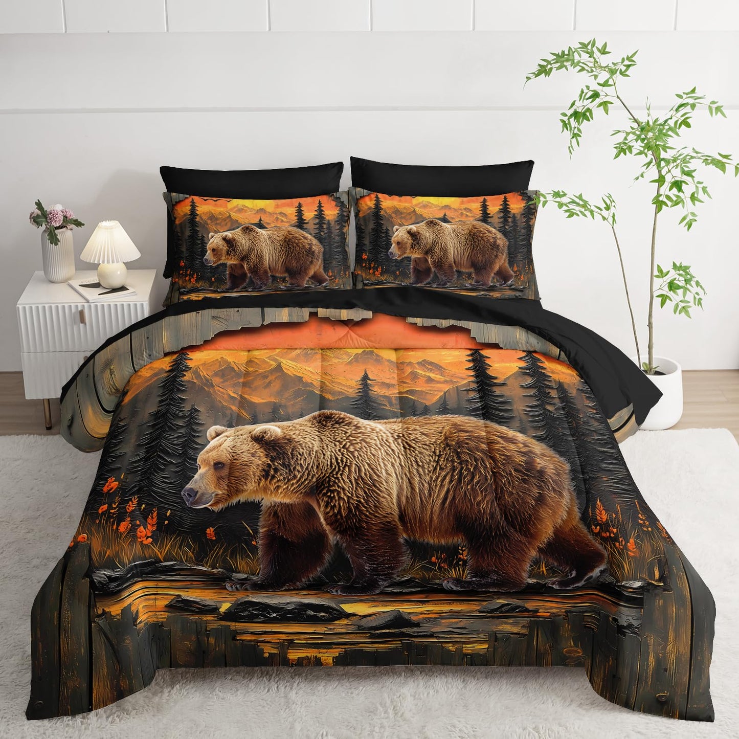 AILONEN Rustic Bear Bedding Twin Size 7-Piece Soft Bed in a Bag, Wildlife Hunting Comforter & Fitted Sheet & Flat Sheet & 2 Pillowcases,2 Pillow Shams for Bedroom Decor