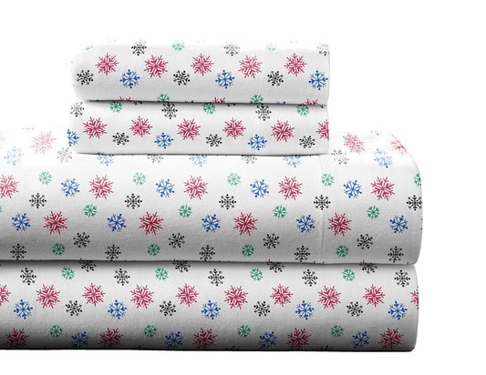 Pointehaven Flannel 170 GSM Sheet Set,Queen Snow Flakes Multi