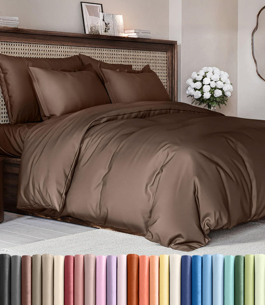 Duvet Cover Queen Size Set - Extra Soft Queen Duvet Cover 90" x 90" with 2 Pillow Shams - Hotel Luxury, Easy Care and Fade Free w/ Zipper Closures & Ties - All Season, Comfy, Cozy & Breathable (Brown)