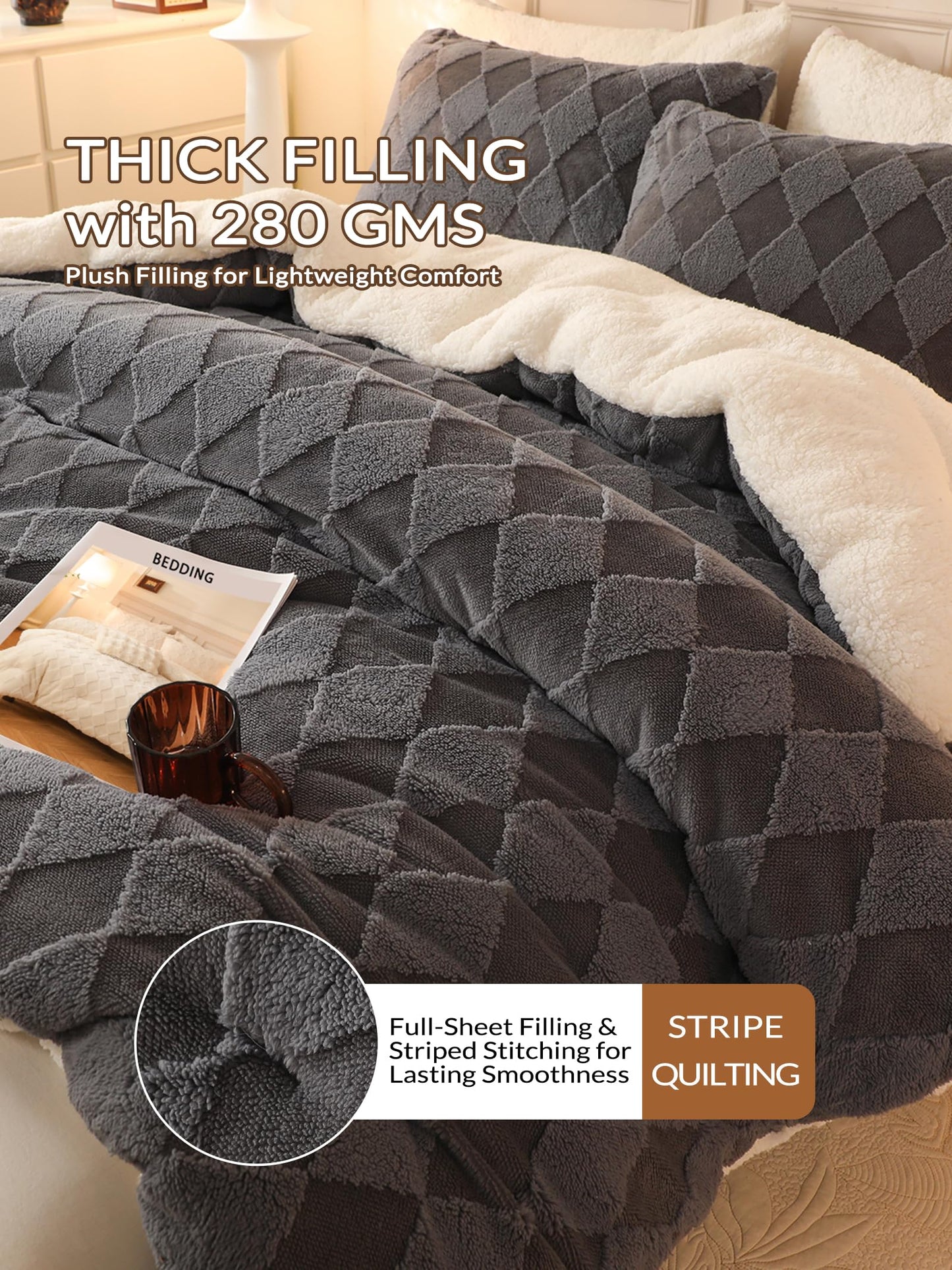 hadamick Tufted Fleece Comforter Set King - Super Soft Warm Fluffy Shaggy Bedding Sets, Diamond Plaid Jacquard Bed Set for Winter, 1 Sherpa Comforter with 2 Pillow Cases (104"X90" Grey)