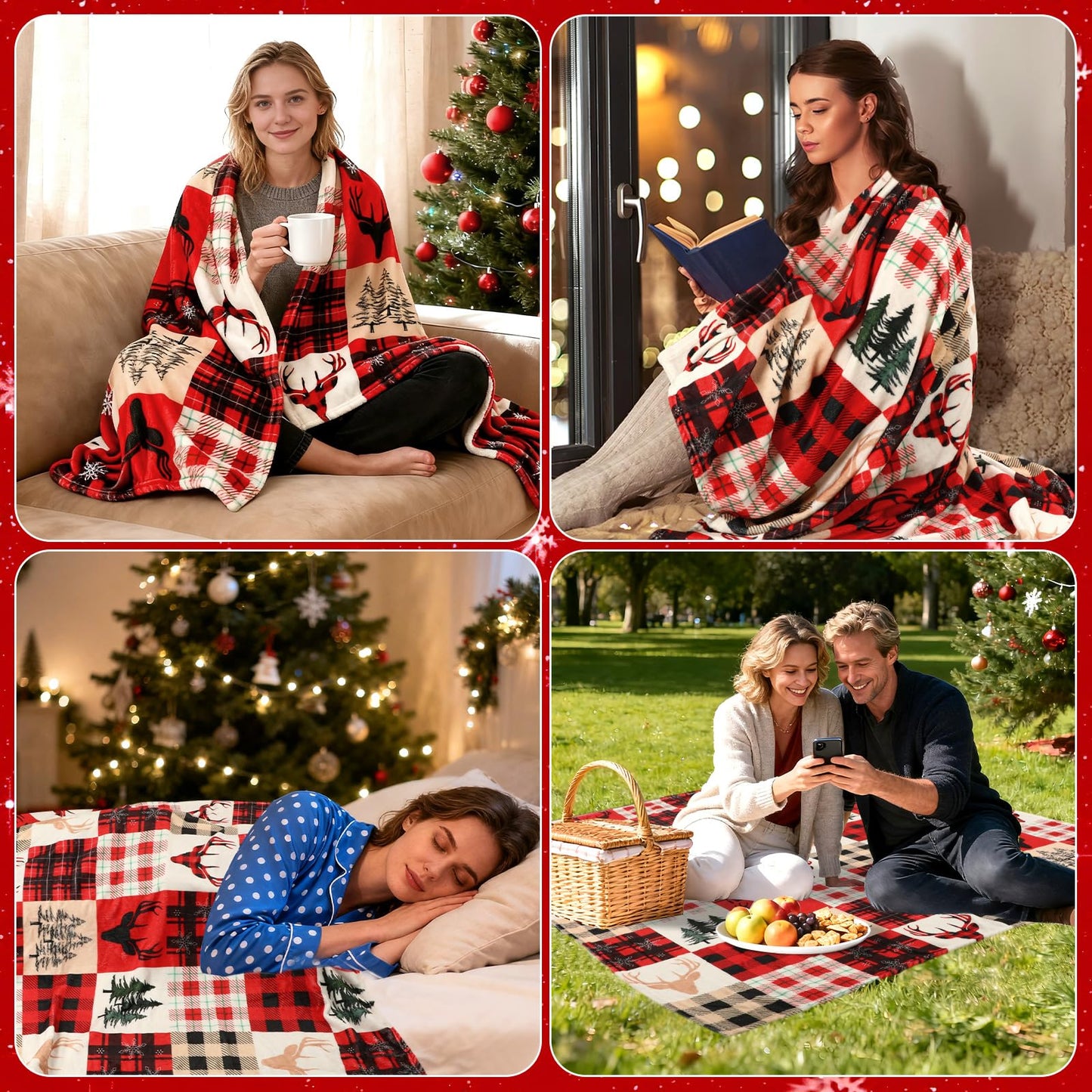 Jansun Christmas Blanket, Christmas Throw Blanket Red Black Plaid Deer Pattern Comfortable Flannel Warm Winter Cabin Throw for Bed Sofa Kids Adults Family Self