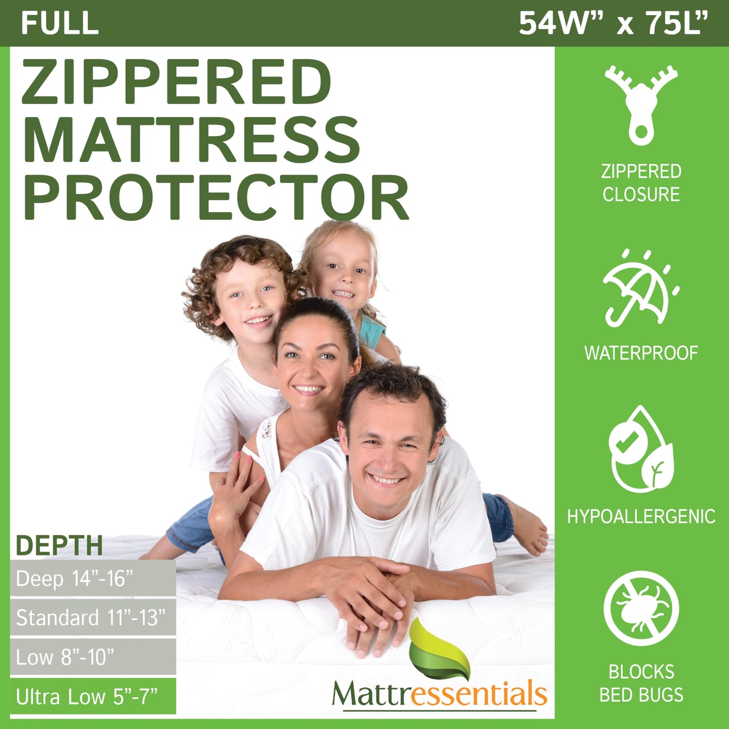 Zippered Full Mattress Protector (5"-7" Depth) - Bed Bug Waterproof Mattress Cover, Premium Quality Hypoallergenic Encasement White