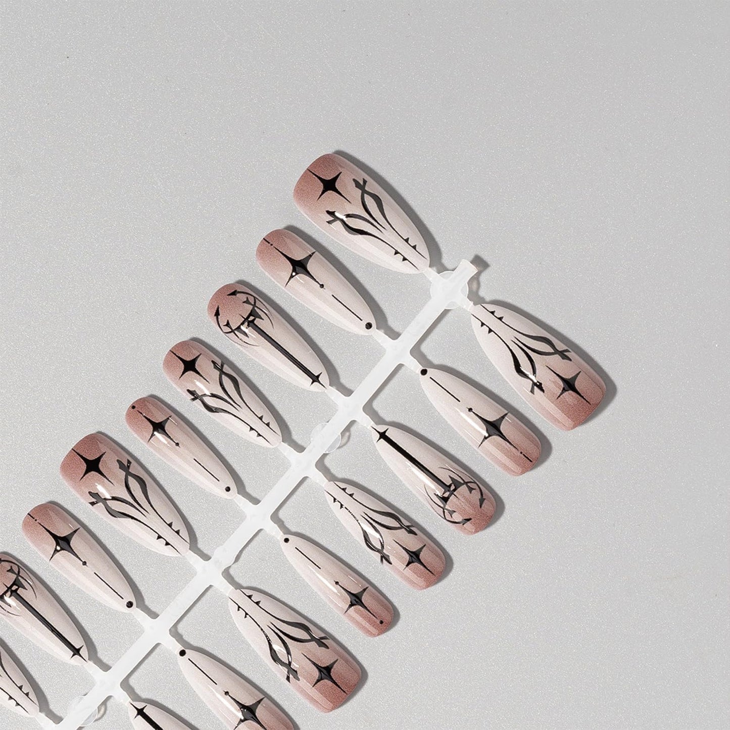 Goth Press on Nails Long Almond Shape Fake Nails with Black Star Designs Gothic Glue on Nail Reusable Artificial Acrylic Gradient Full Cover Glossy Stick on False Nail for Women 30 Pcs