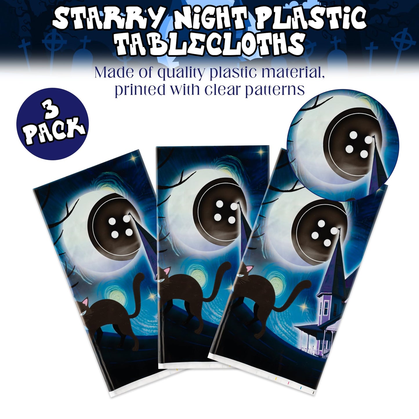 Andi Cppss Starry Night Plastic Tablecloth - 3PCS Starry Night Halloween Table Cover Black Cat Button Eyes Print Plastic Disposable Rectangle Table Cover for Kid Birthday Party Supply (51.2x86.6 Inch)