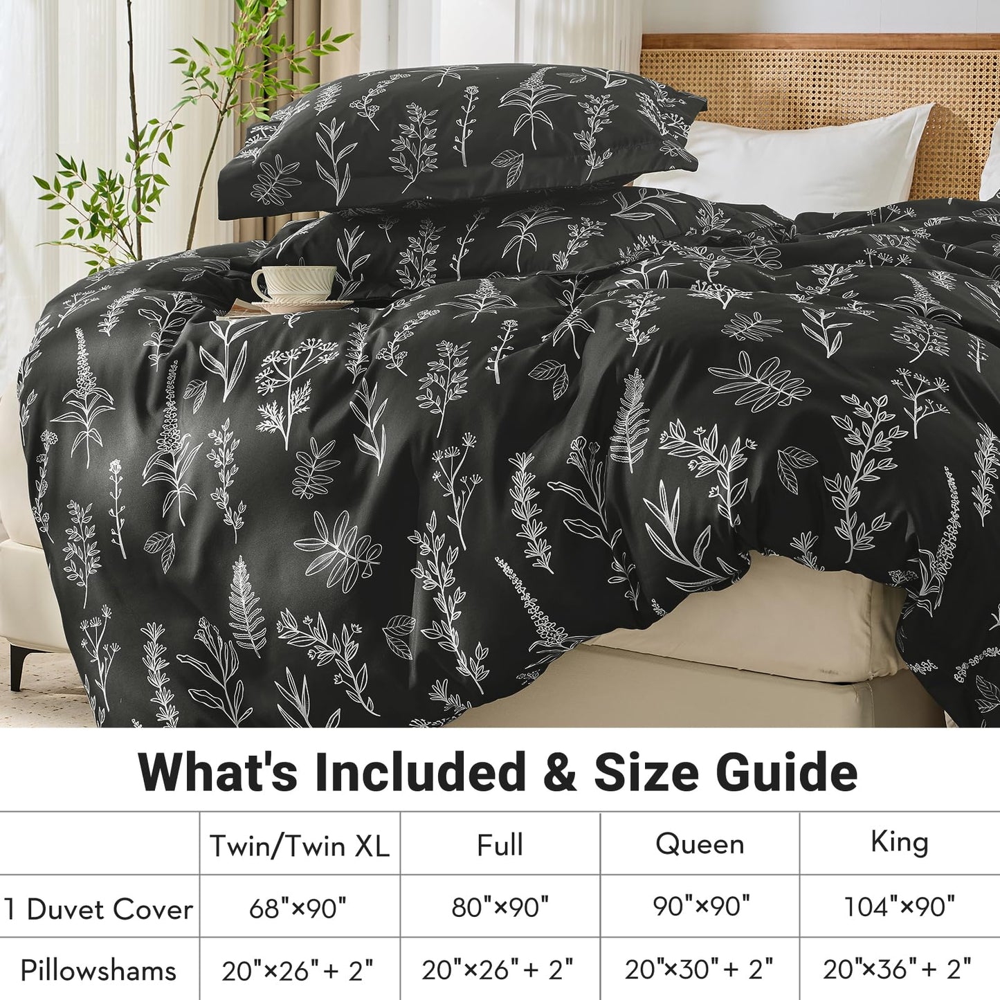 MUXHOMO Duvet Cover Queen Size, Reversible Floral Black Duvet Cover Set with Zipper Closure, 3 Pieces Botanical Patterns Soft Microfiber Bedding Set with 4 Ties (90"x90", 2 Pillow Cases)