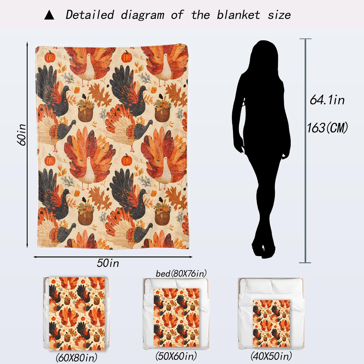 ainori Thanksgiving Turkey Blanket - Cute Autumn Festive Fleece Throw,Gifts for Kids Adult, Soft & Warm,Lightweight, for Fall Holiday Decor, Fall Celebrations, and Room Home Accents 50x60in