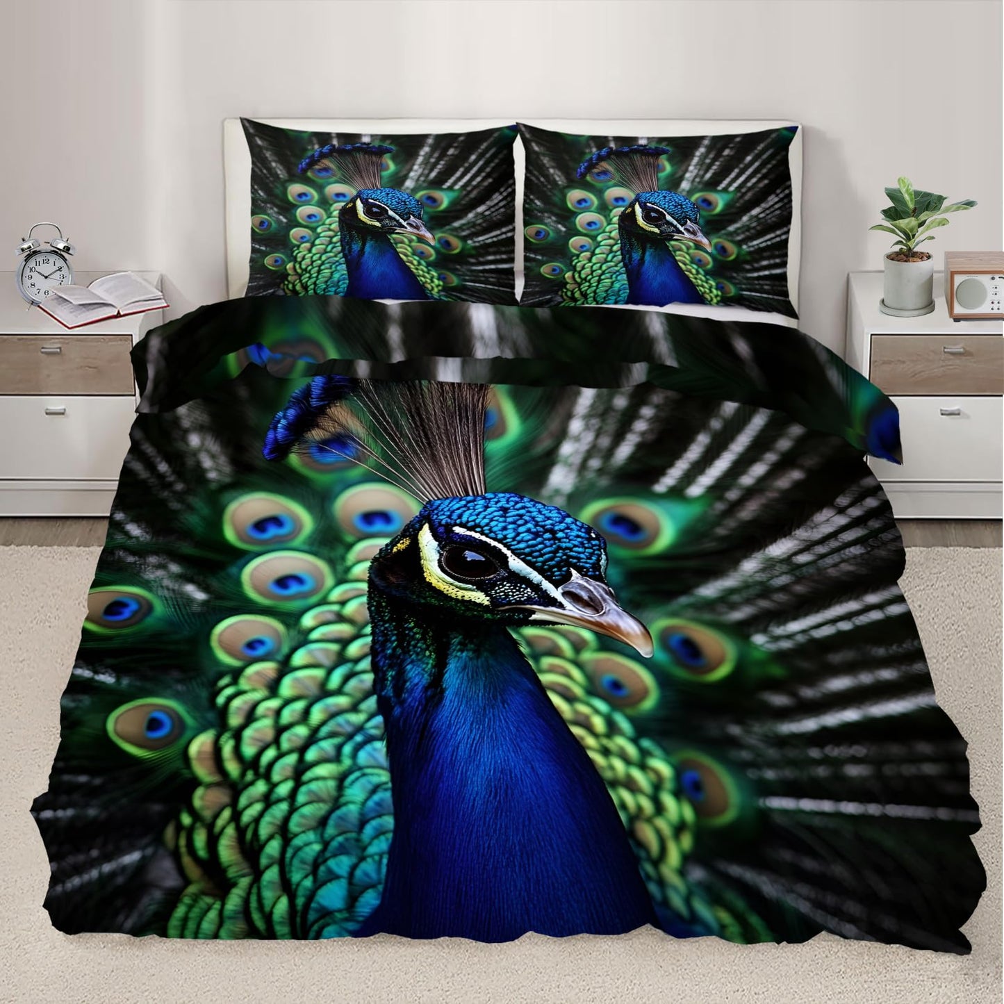 QINYUN Peacock Duvet Cover King Size, Green Peacock Feather Bedding Set 3 Piece Bedroom Decor Wild Animals Boho Comforter Cover with Zipper Ties & 2 Pillowcases
