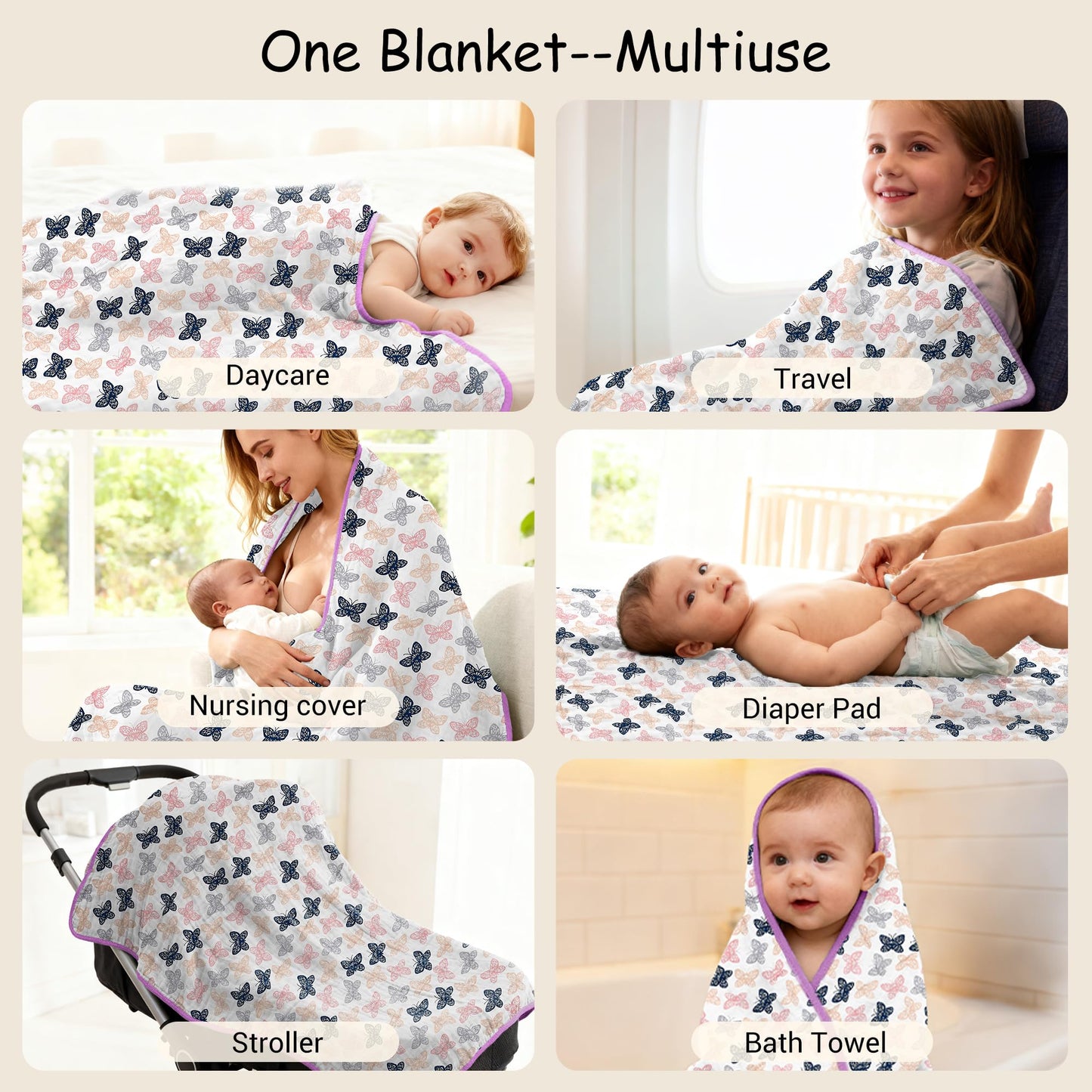 ZPECC Muslin Toddler Blanket Thicker, 47x47 Organic Cotton Kids Quilt Hypoallergenic for Baby Essentials Crib Stroller Daycare Cot, Butterfly