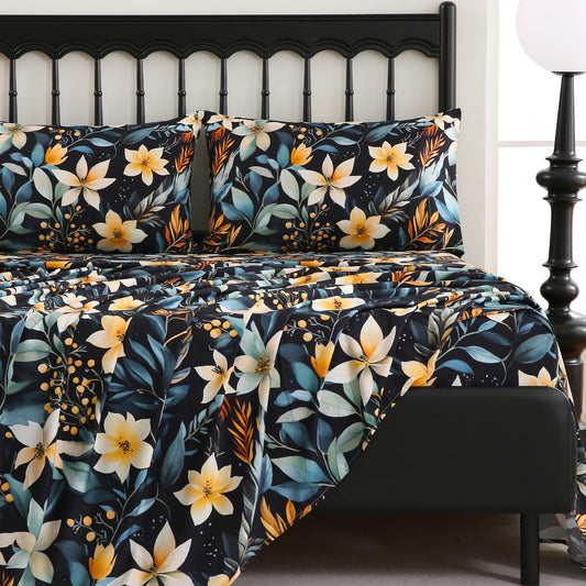 CozySmile 4 Pieces Queen Sheet Set Floral, Boho Sheets Soft Microfiber Deep Pocket, Floral Sheets (Queen, Tranquil Night Lily)