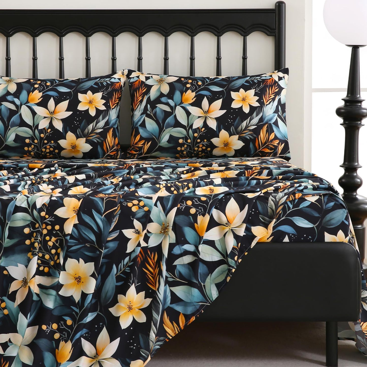 CozySmile 4 Pieces King Sheet Set Floral, Boho Sheets Soft Microfiber Deep Pocket, Floral Sheets (King, Tranquil Night Lily)