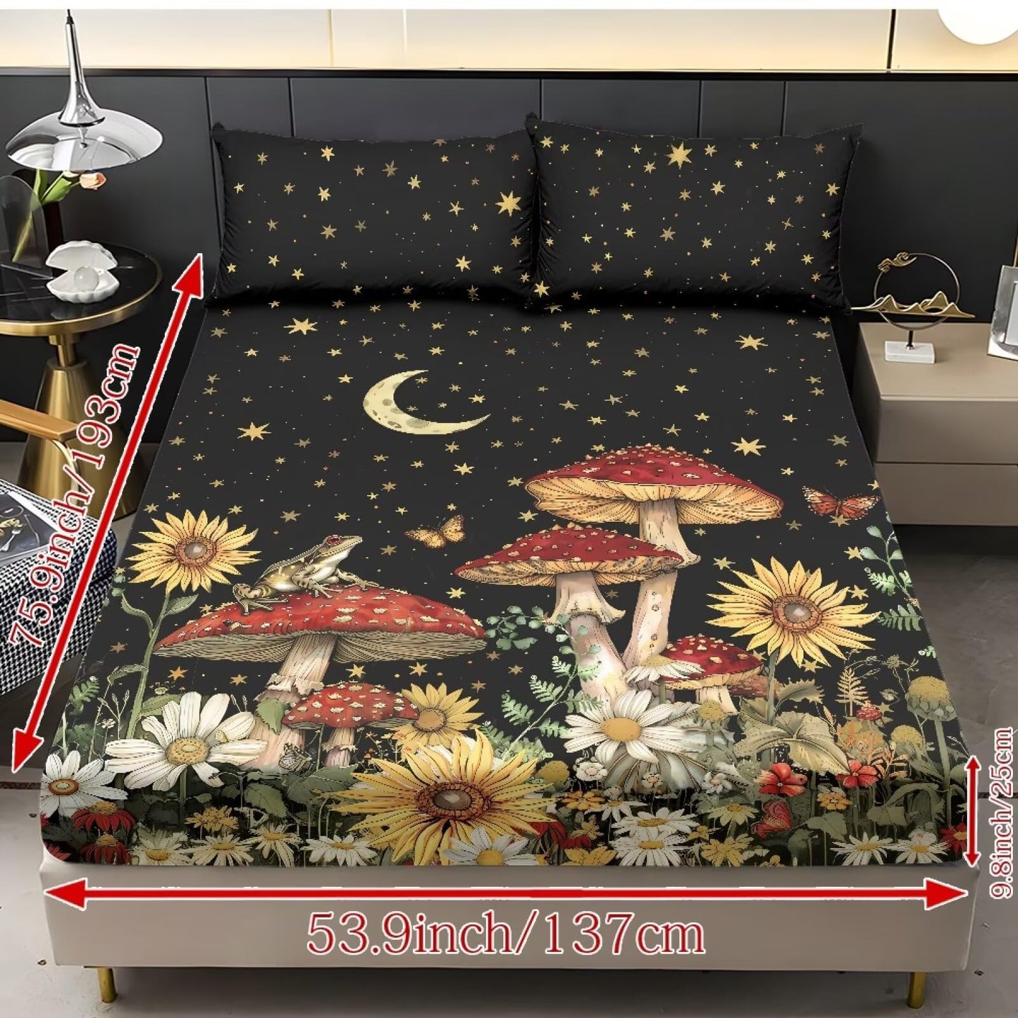 ZDCUSTOM Night Mushroom Bedsheet Sets of 3 Children's Room Decor Fitted Sheet with 2 Pillowcases Twin XL Size Bed Sheets 9.8" Deep Pocket Sunflower Bedding Setsr for Bedroom Decor, 39" x 79"