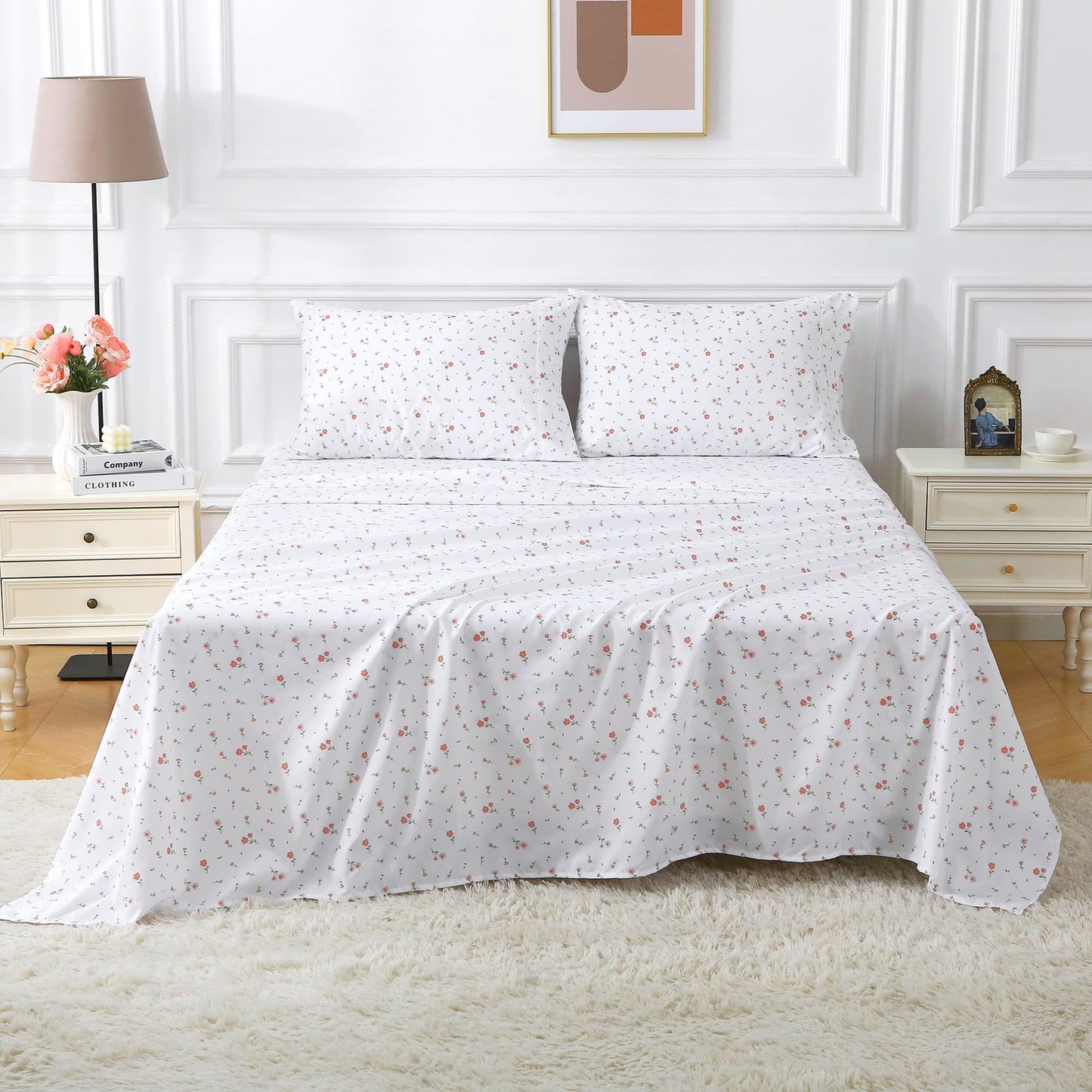 Softan Pink Floral Full Sheet Set Flower Printed Bed Sheets Double - 4 Piece Microfiber Patterned Fitted Bed Sheets with 15" Deep Pocket & Straps, Cozy Cute Pink Sheets and Pillowcase Set
