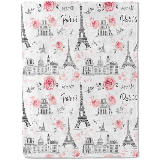 ainori Paris Romance Flannel Blanket - Parisian Eiffel Tower and French Architecture with Pink Rose Throw - Soft Cozy Gifts Blankets for Travel Lovers,Kids,Women,Romantic Room Decor 50x60in