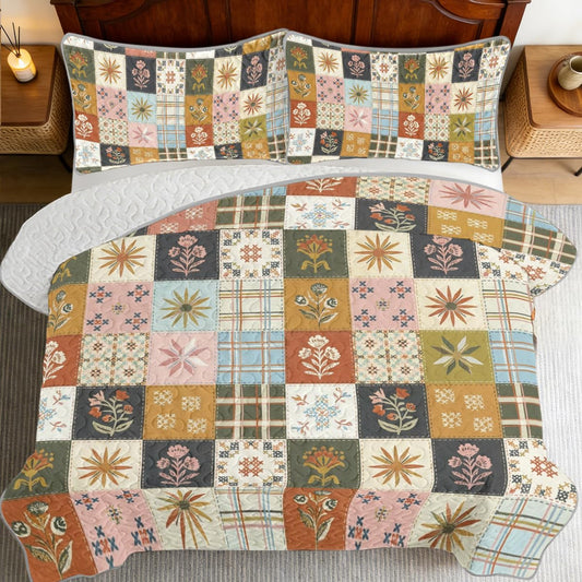 Vintage Patchwork Floral Quilt Set, 3 Pieces Rustic Botanical Pattern Bedspread with 2 Shams, Soft Microfiber Lightweight Coverlet for Farmhouse Bedroom Decor, Full/Queen