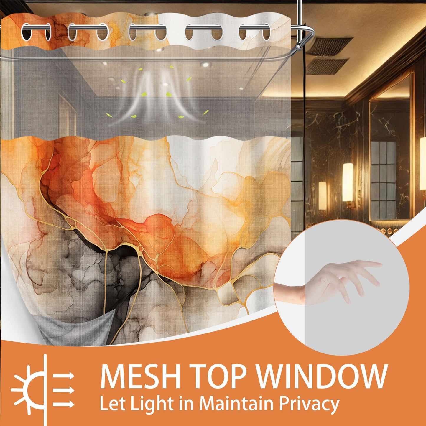 Lvetong Orange Marble Hookless Shower Curtain, 71" W x 74" L