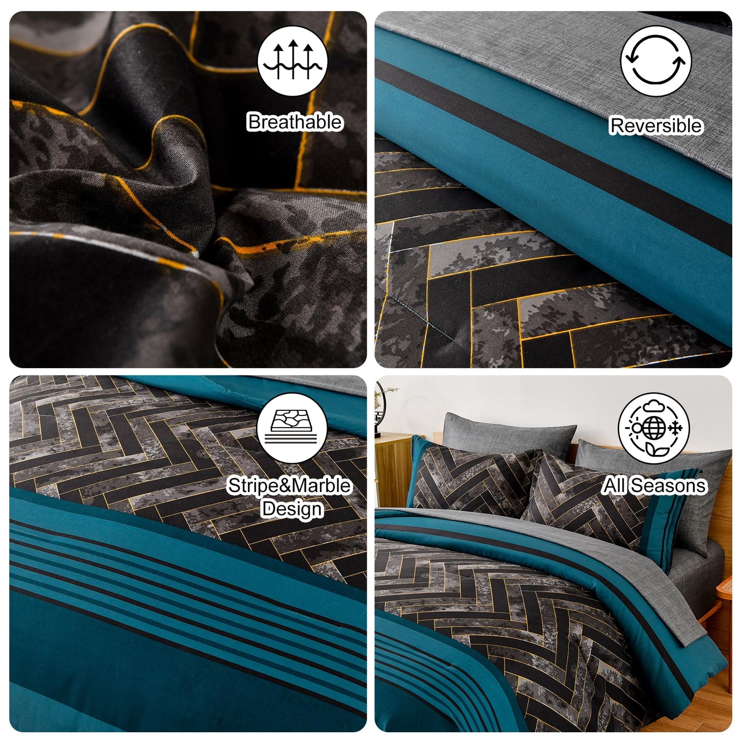 Luxudecor Teal Blue Comforter Set King Size, 7 Pieces Blue and Black Stripe Bed in a Bag, Geometric Comforter and Sheet Set, Soft Microfiber Complete Bedding Sets for All Seasons