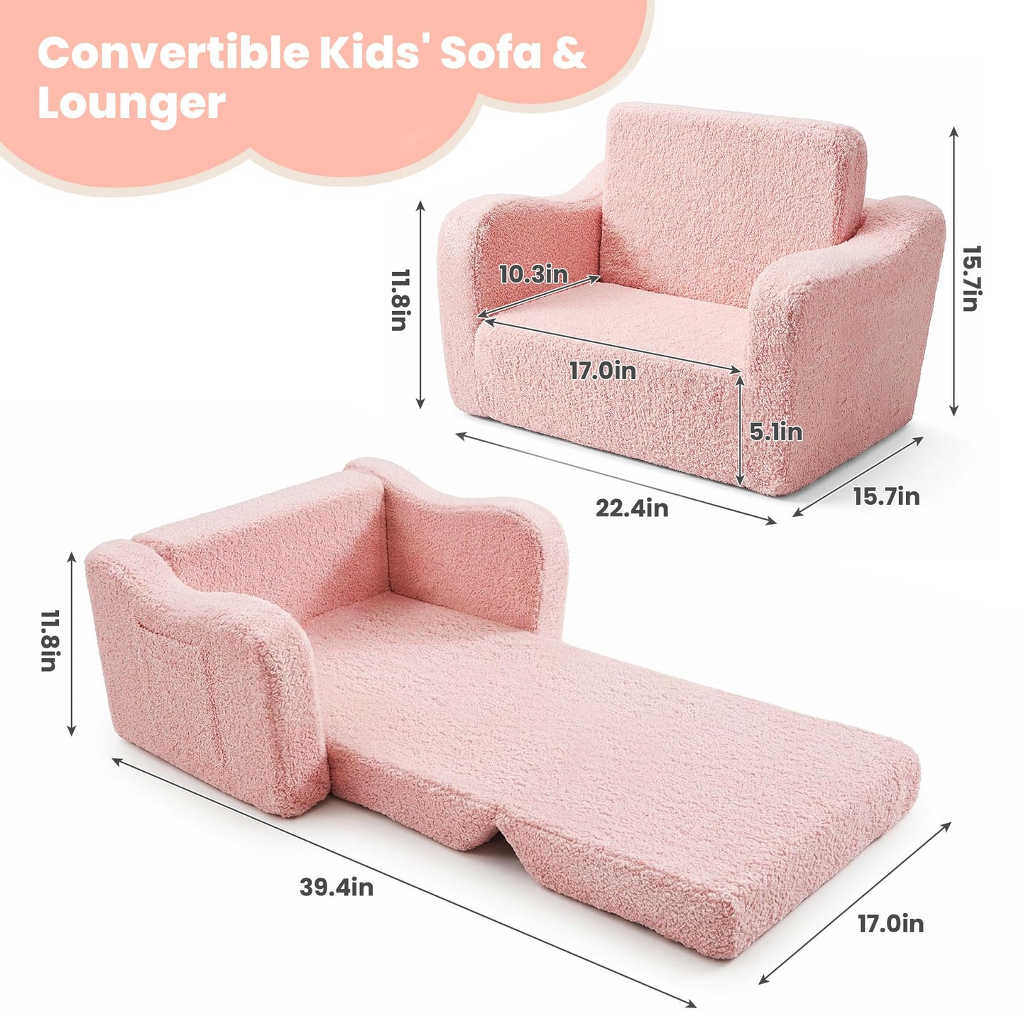 Toddler Couch 2-in-1 Fold Out Toddler Chairs, Soft Comfy Lounger with Washable Cover Pocket, Kids Sofa for Reading, Perfect for Bedroom, Playroom, Living Room, Gift for Girls Boys Age 1-3, Pink