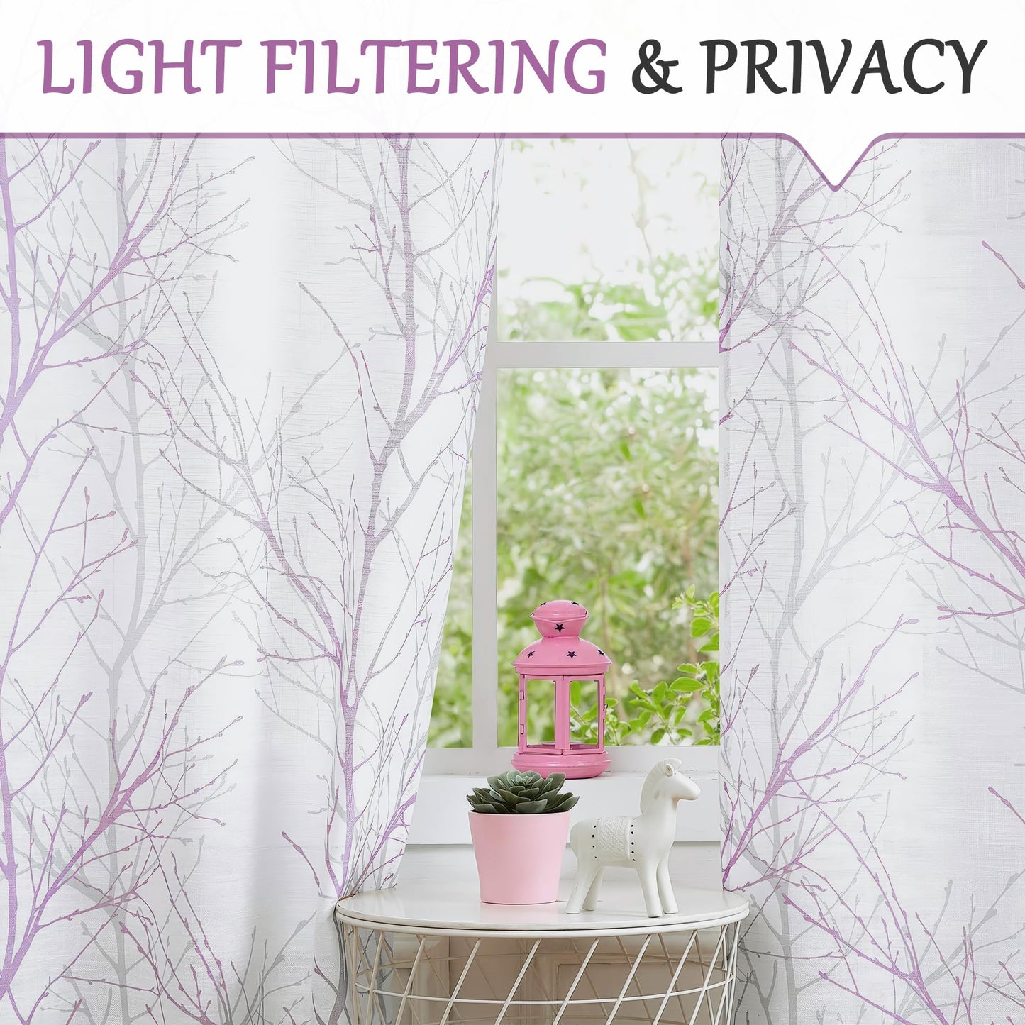 FMFUNCTEX Linen Semi Sheer Curtains for Bedroom, Lilac White Curtains 84 Inches Long for Living Room, Grey Tree Branch Patterned Curtain Light Filtering Farmhouse Window Drapes, Grommet Top 2 Panels