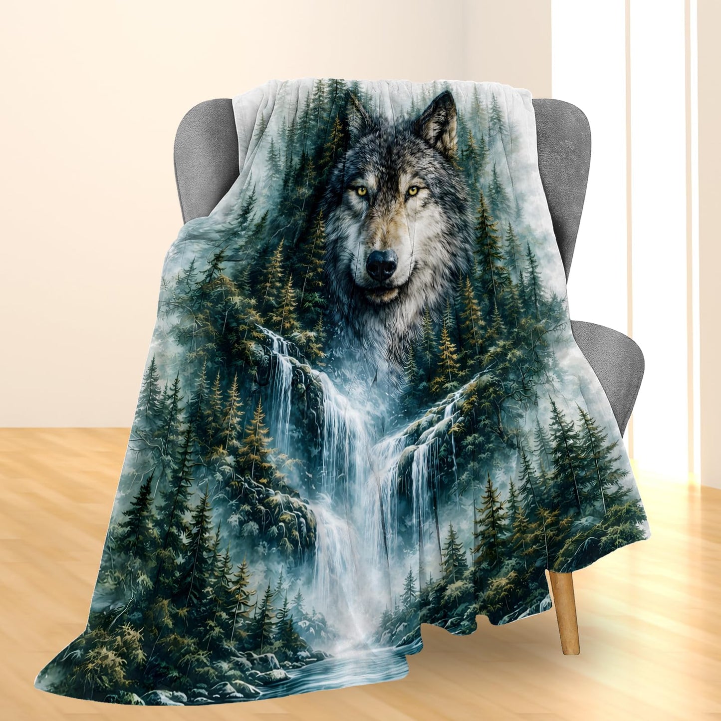 Ti Caldi Wolf Forest Waterfall Blanket Gifts, Wildlife Flannel Throw Blanket for Couch, Bed, Travel & Decor, Majestic Wolf Portrait Cozy Lightweight Warm Rustic Blankets for Men Boys 60×50 in