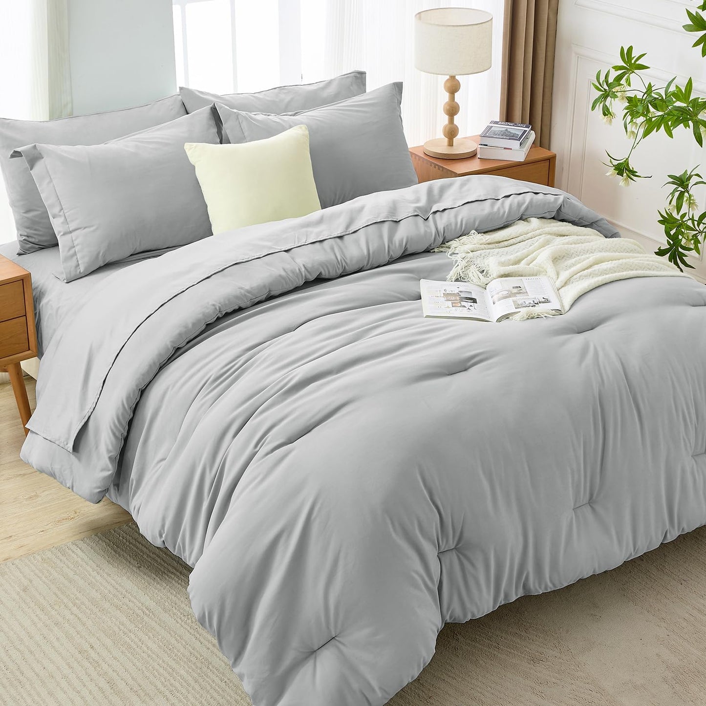 MUXHOMO 7 Pieces King Comforter Set, Soft Bed in a Bag King Size, All Season Bedding Set with Comforter, Flat Sheet, Fitted Sheet, Pillowcases & Shams, Light Grey