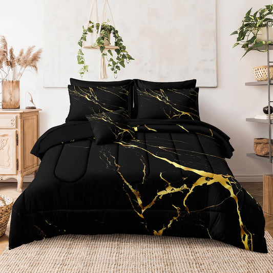 Merryword 8 Pcs Bed in a Bag Black Marble Comforter Set Full Size Gold Metallic Bedding Set